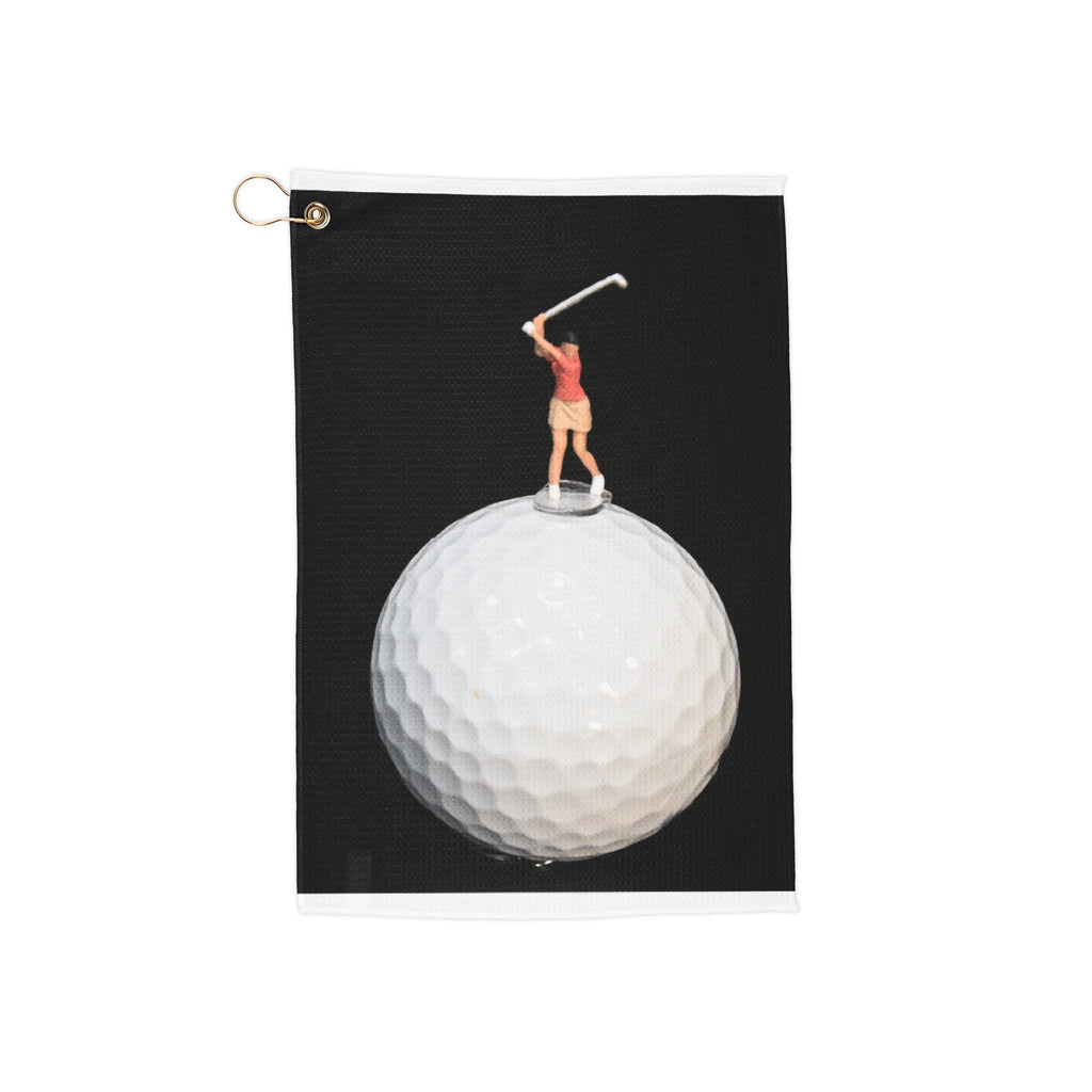 Golf Towel — Miniature Female Golfer on Golf Ball Design | Funny Golf Accessory, Gift for Golfers