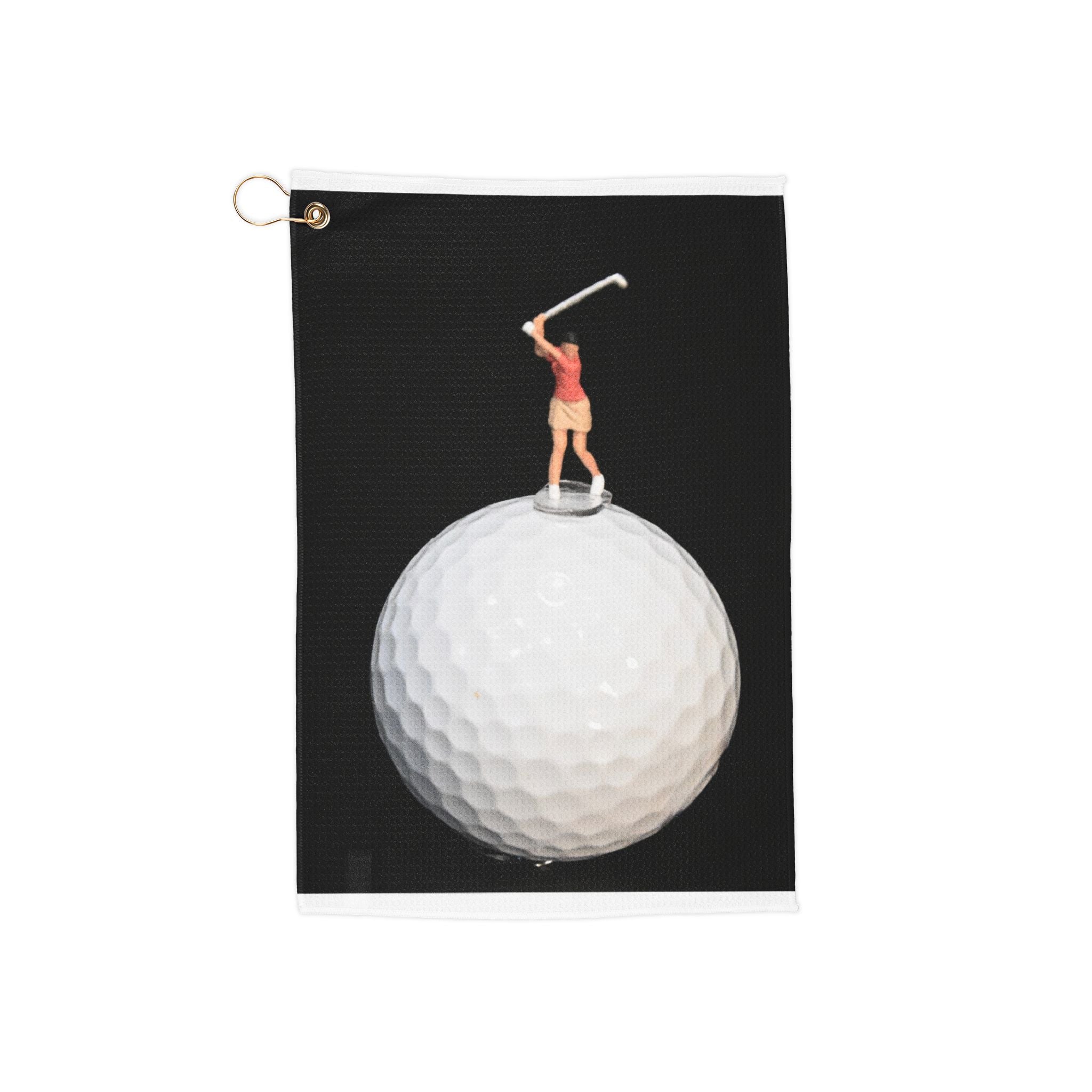 Golf Towel — Miniature Female Golfer on Golf Ball Design | Funny Golf Accessory, Gift for Golfers