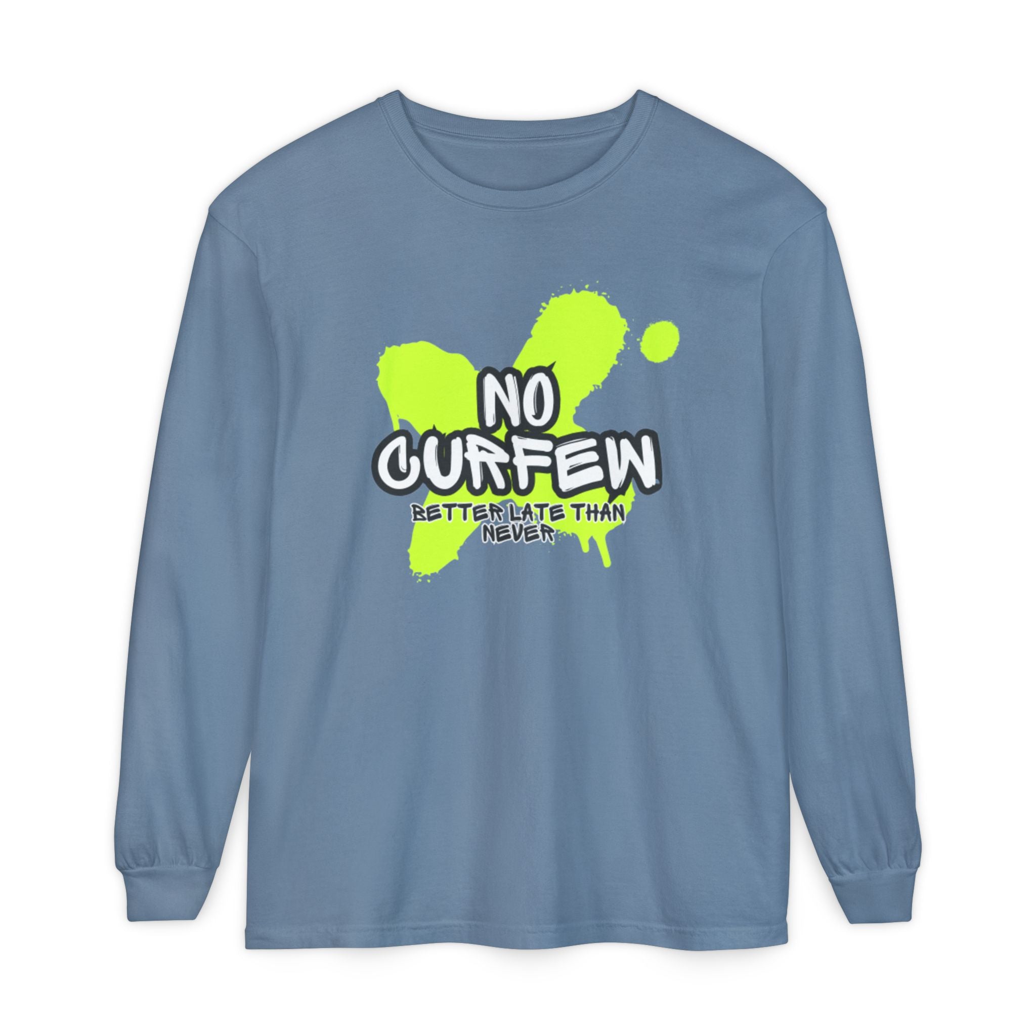 Unisex Long Sleeve Graphic Tee - Fun 'No Curfew' Design for Casual Wear, Gifts, Parties, Festivals, Youth Style