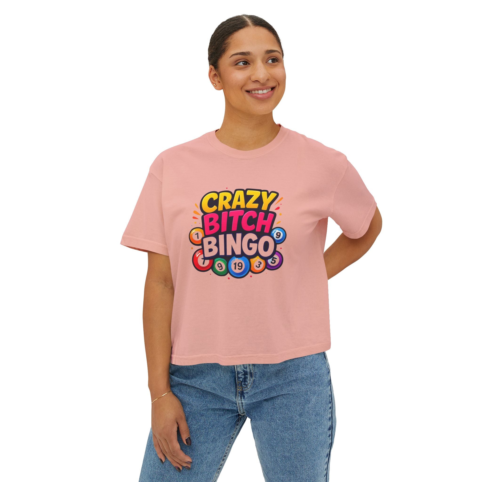 Crazy Bitch Bingo Women's Boxy Tee — Funny Bingo Graphic Crop Shirt
