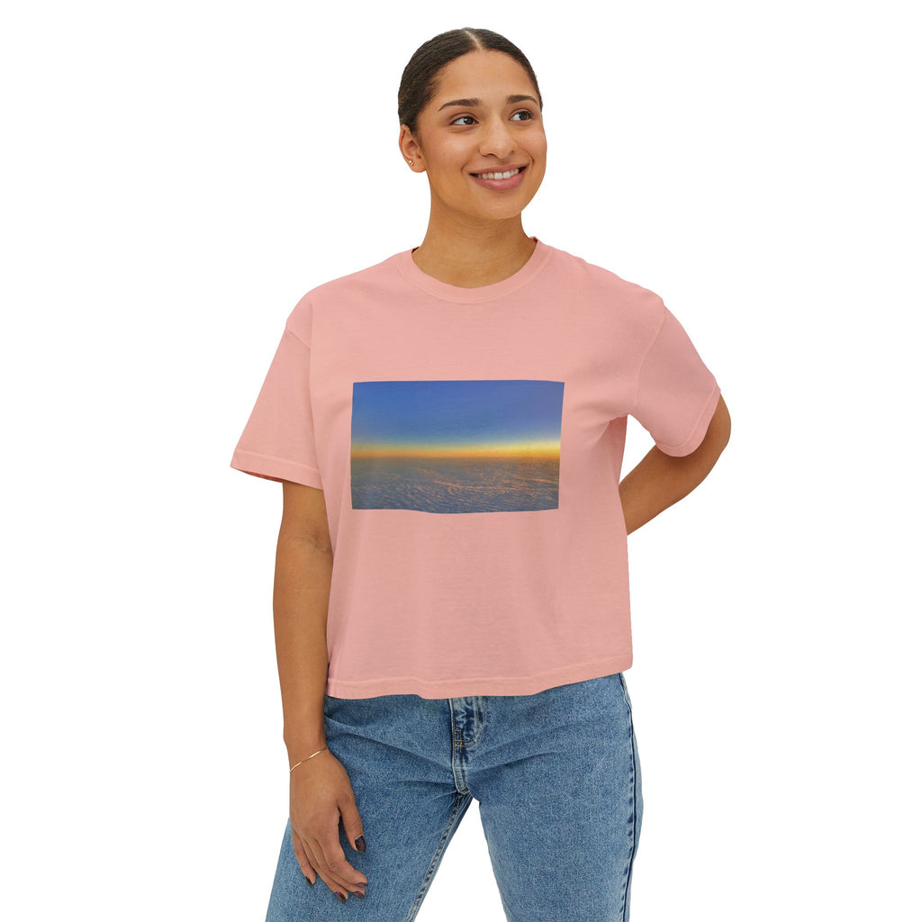 Sunset Horizon Boxy Tee — Women's Crop Graphic Tee