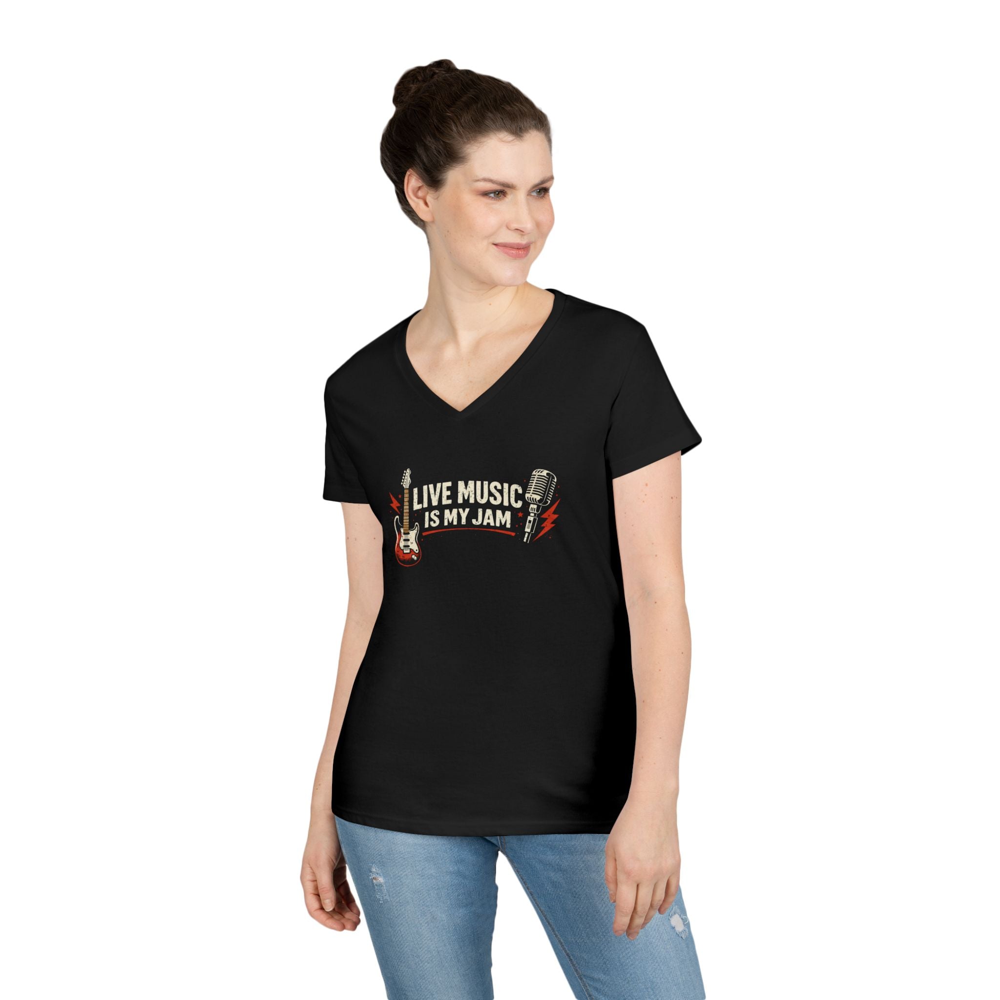 Live Music Is My Jam Ladies' V-Neck T-Shirt — Colorful 'Original Art' Back Print