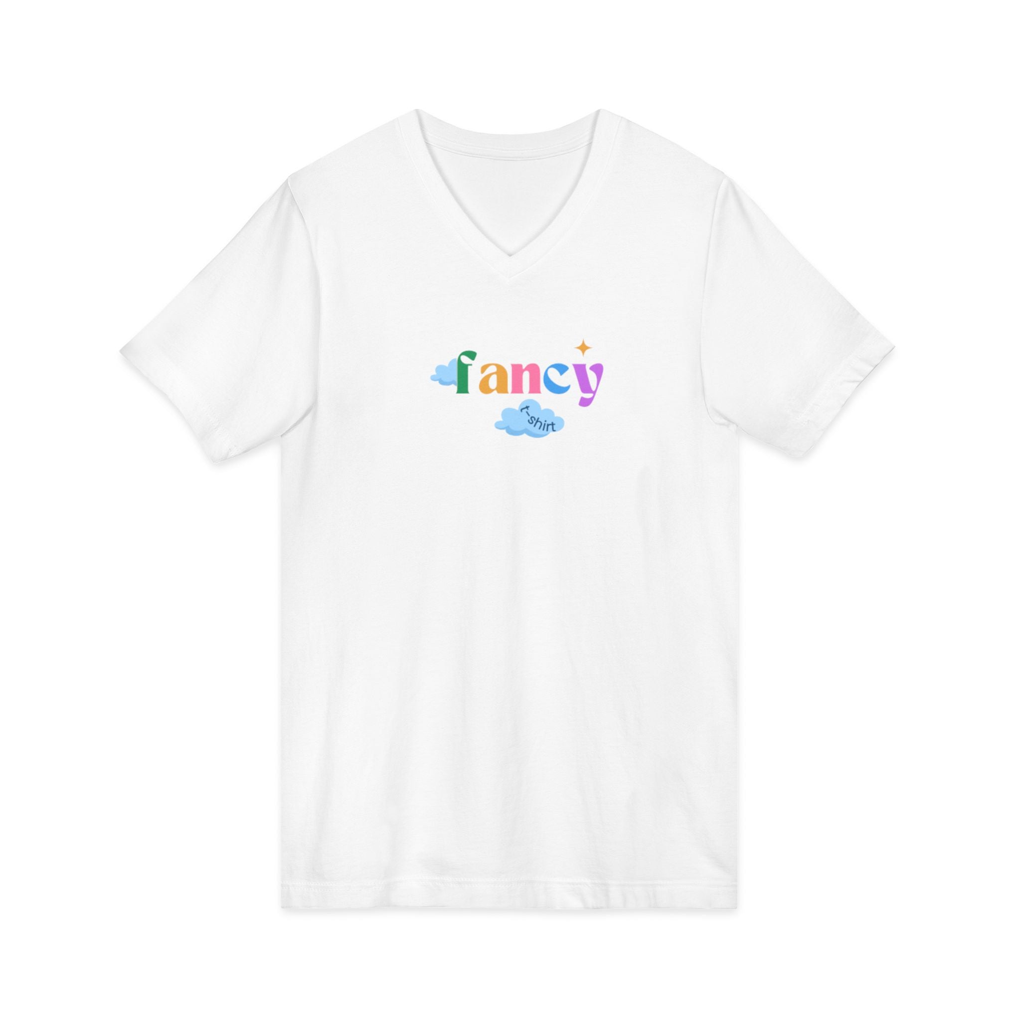 'Fancy" Colorful V-Neck Tee — 'Fancy' Front Script & Original Art Back