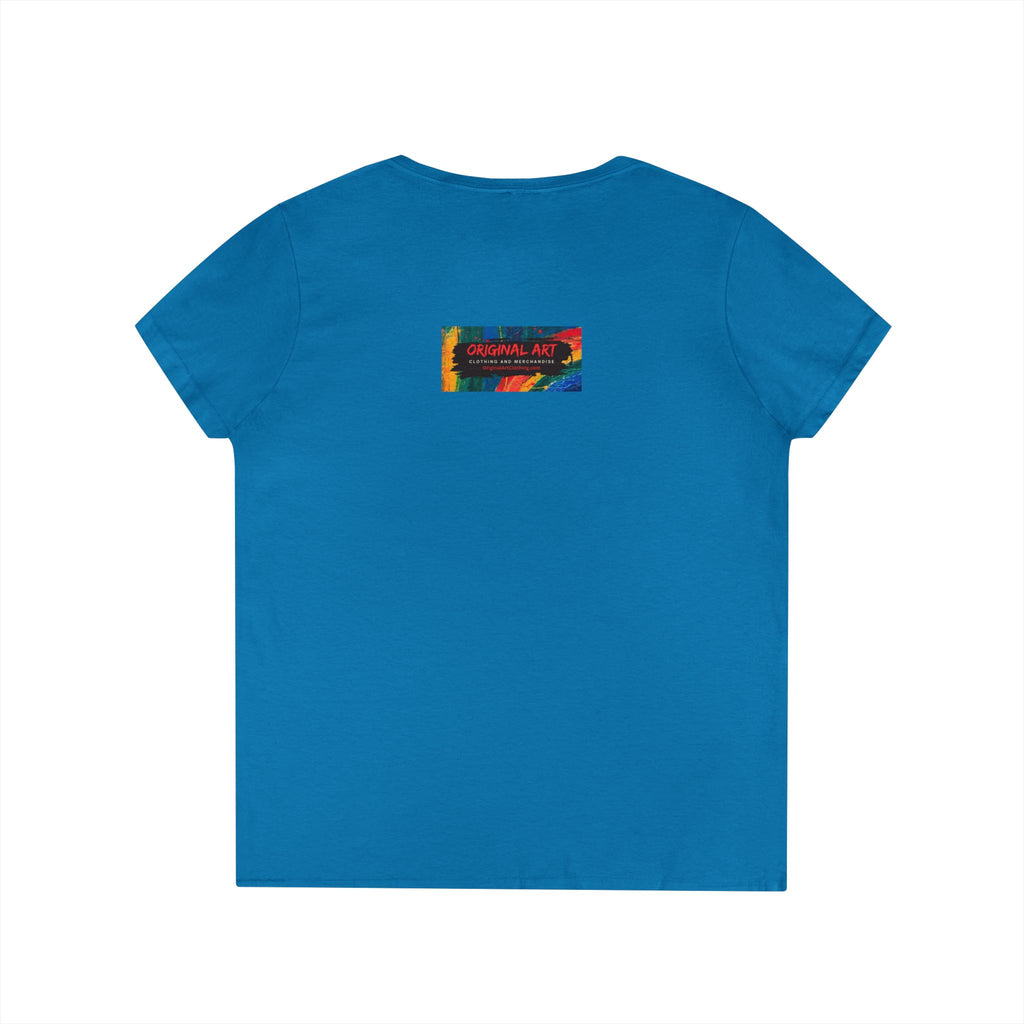 Game Changer Ladies' V-Neck T-Shirt — Minimal Front Logo & Colorful Back Art