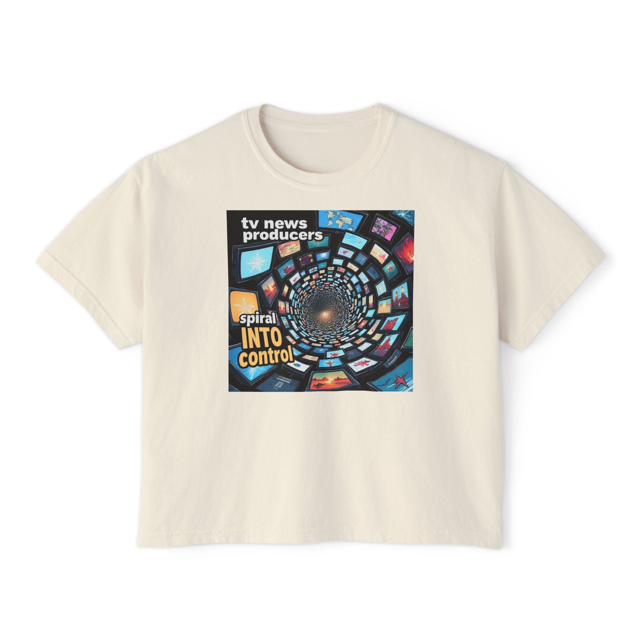 "TV News Producers Spiral INTO Control"... Women's Boxy Tee, Trendy Graphic Shirt, Casual Wear, Gift for TV Lovers, Summer Top, Artsy Tee
