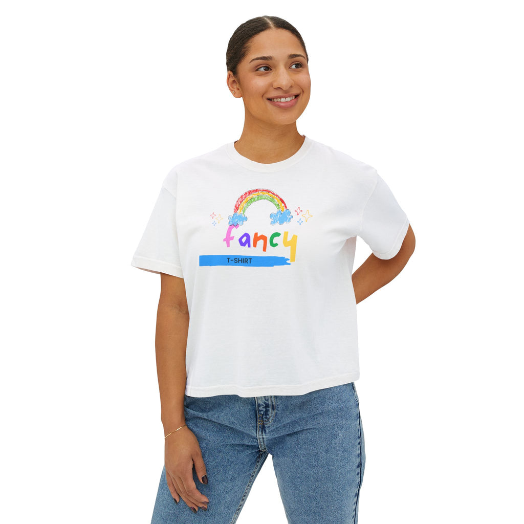 Fancy Rainbow Boxy Tee — Colorful 'Fancy' Graphic Women's Shirt