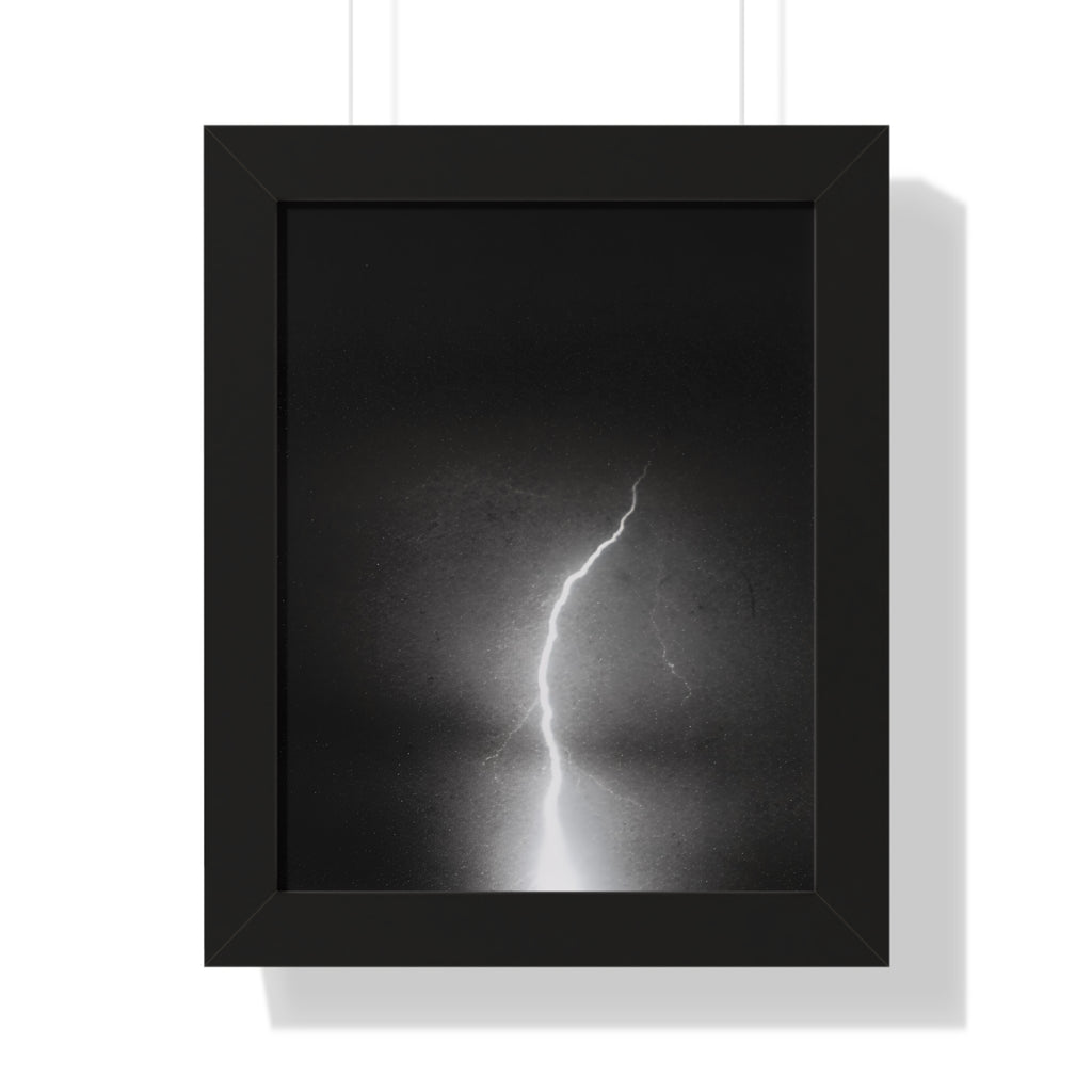 Lightning Strike Framed Poster — Moody Black & White Vertical Wall Art