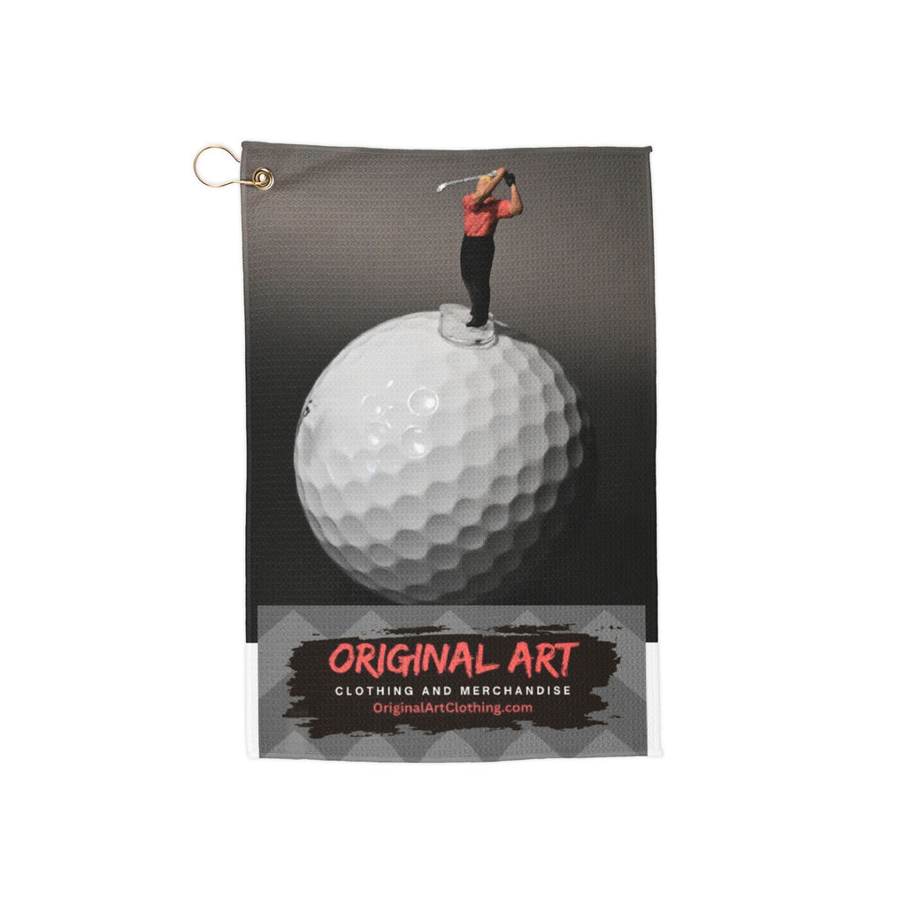 Golf Towel — Golfer on Giant Ball Art Print, Microfiber Golfing Towel with Grommet & Hook