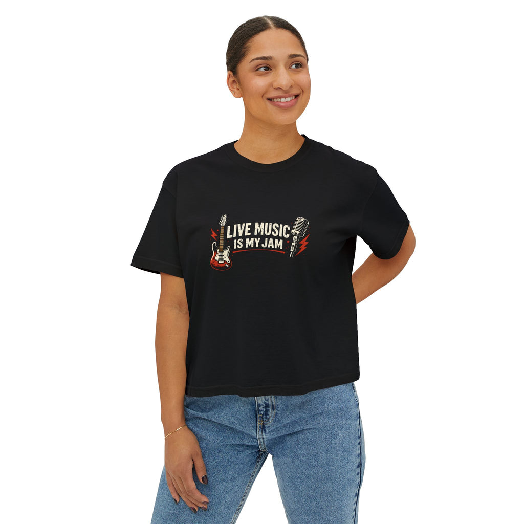 Live Music Is My Jam Boxy Tee — Retro Guitar Graphic Crop Tee