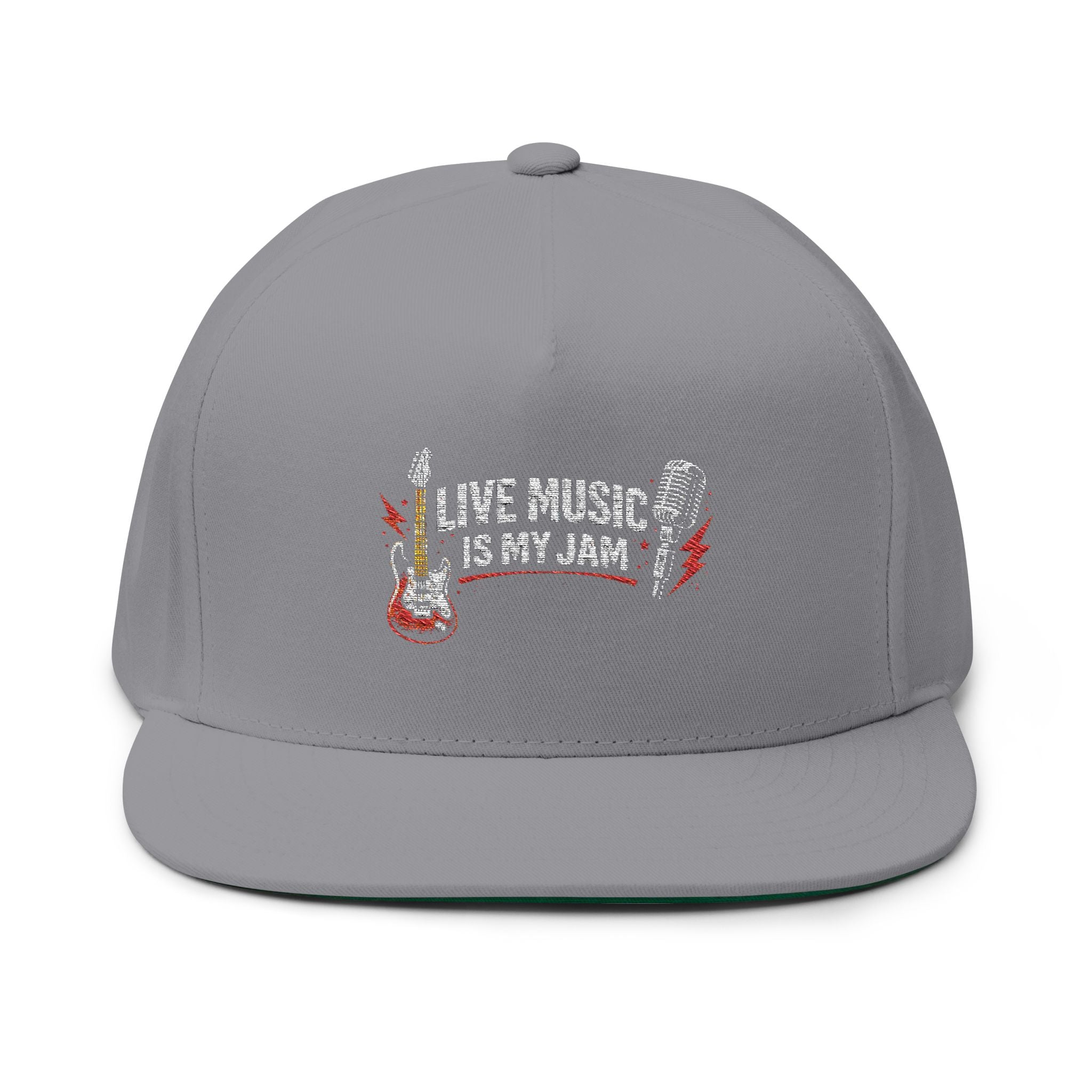 Live Music Is My Jam Embroidered Flat Bill Cap — Guitar & Mic Music Lover Snapback