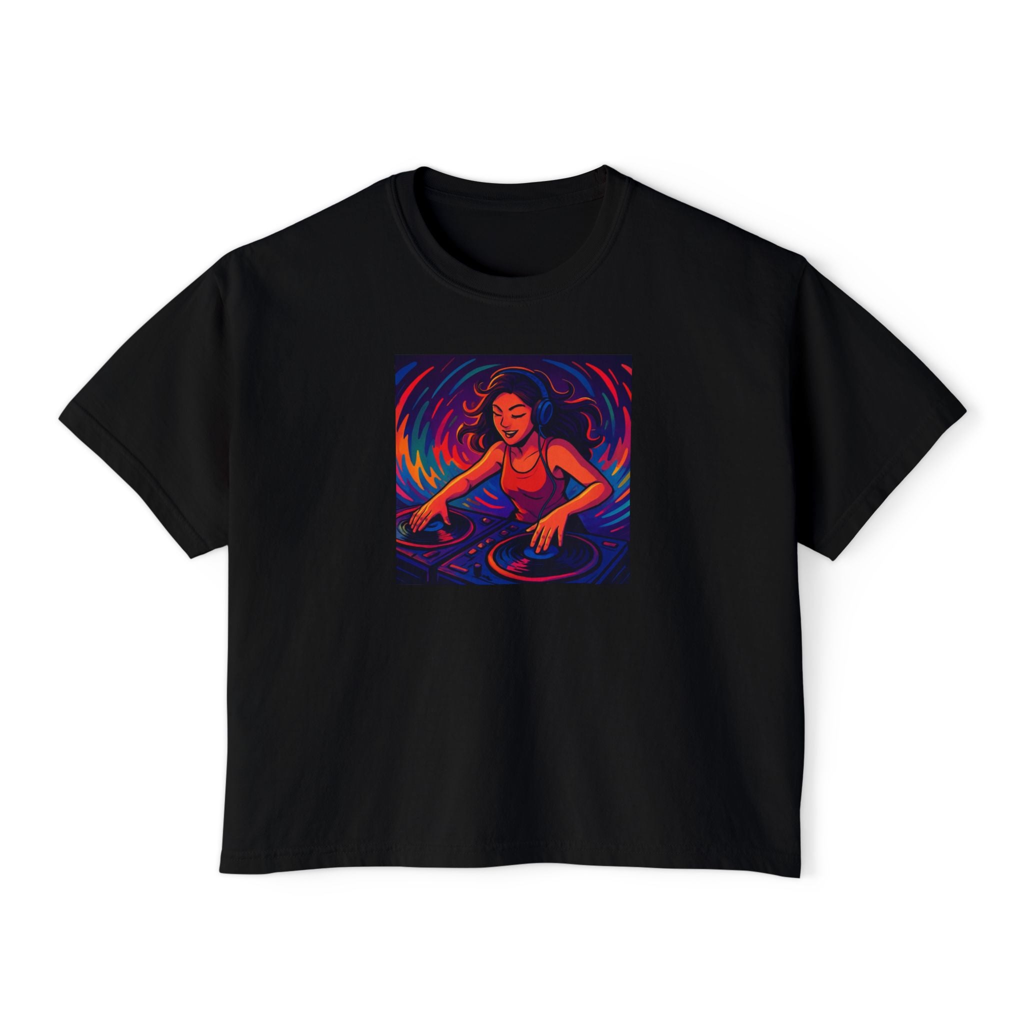 Vibrant Female DJ Painting Graphic Tee | Original Art Back Print