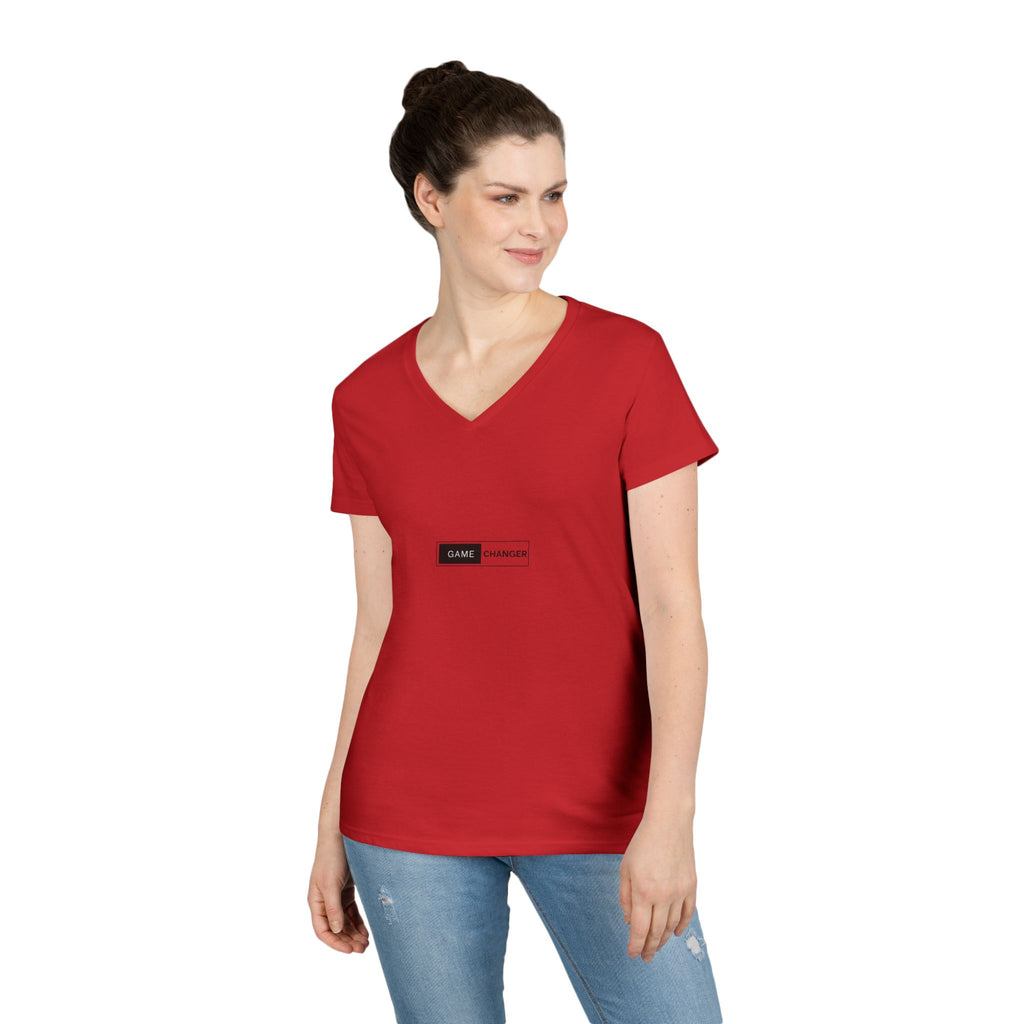 Game Changer Ladies' V-Neck T-Shirt — Minimal Front Logo & Colorful Back Art