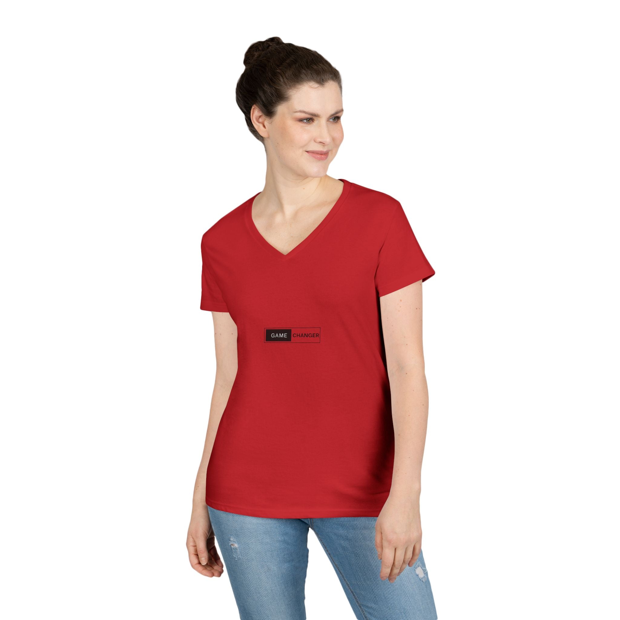 Game Changer Ladies' V-Neck T-Shirt — Minimal Front Logo & Colorful Back Art
