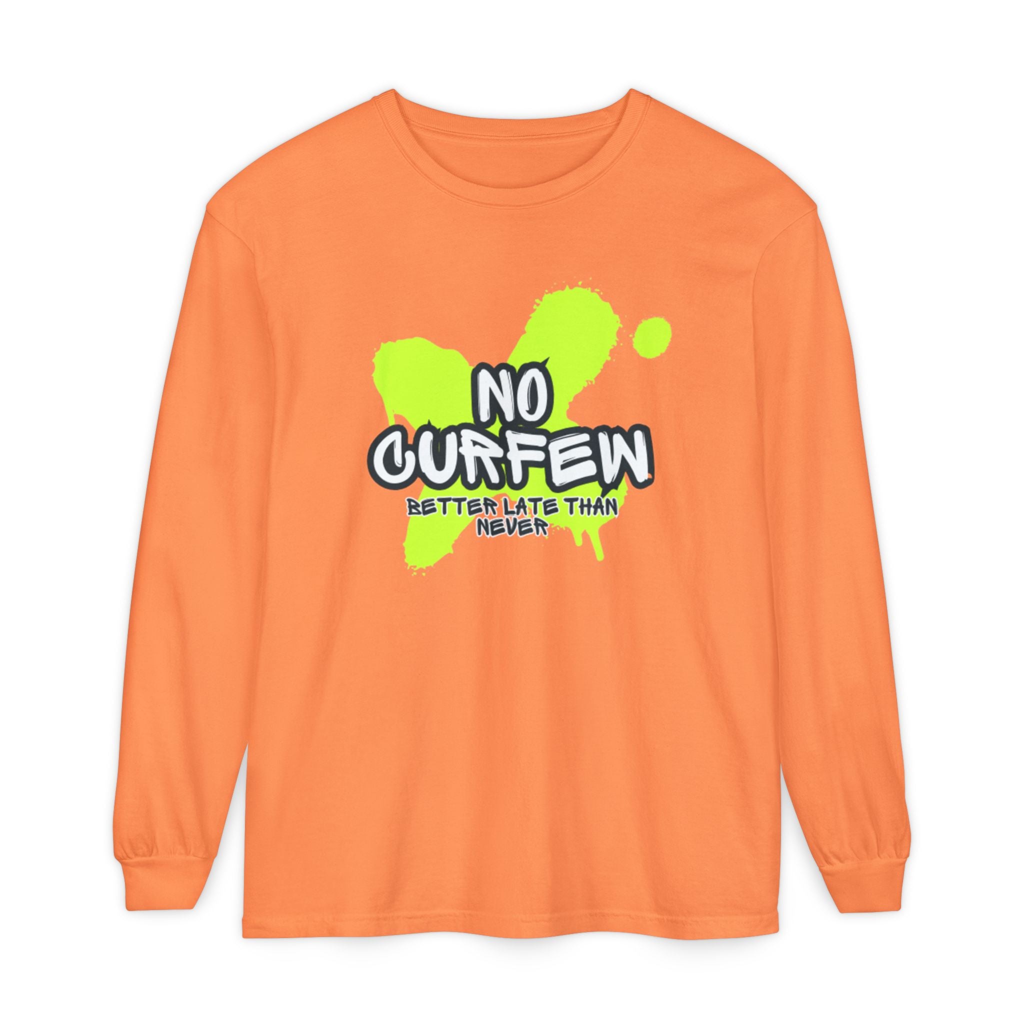Unisex Long Sleeve Graphic Tee - Fun 'No Curfew' Design for Casual Wear, Gifts, Parties, Festivals, Youth Style