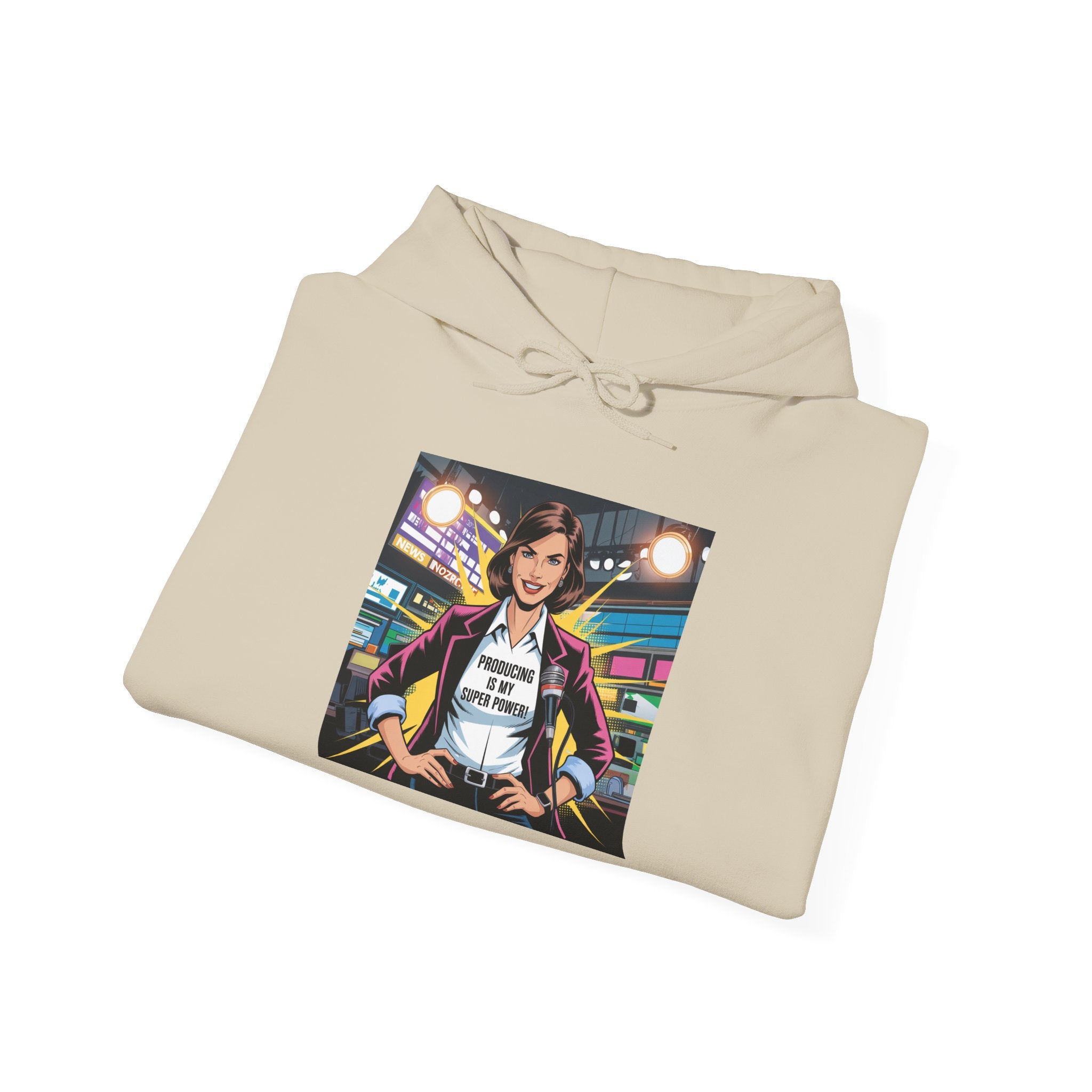 "Producing is My Super Power!" Retro Arcade Girl Graphic Hoodie — "Original Art" Back Print