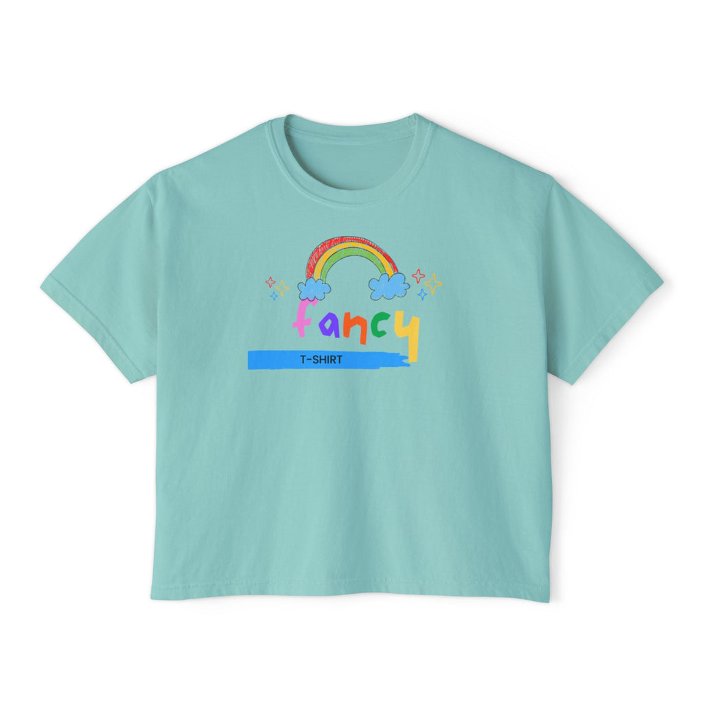 Fancy Rainbow Boxy Tee — Colorful 'Fancy' Graphic Women's Shirt