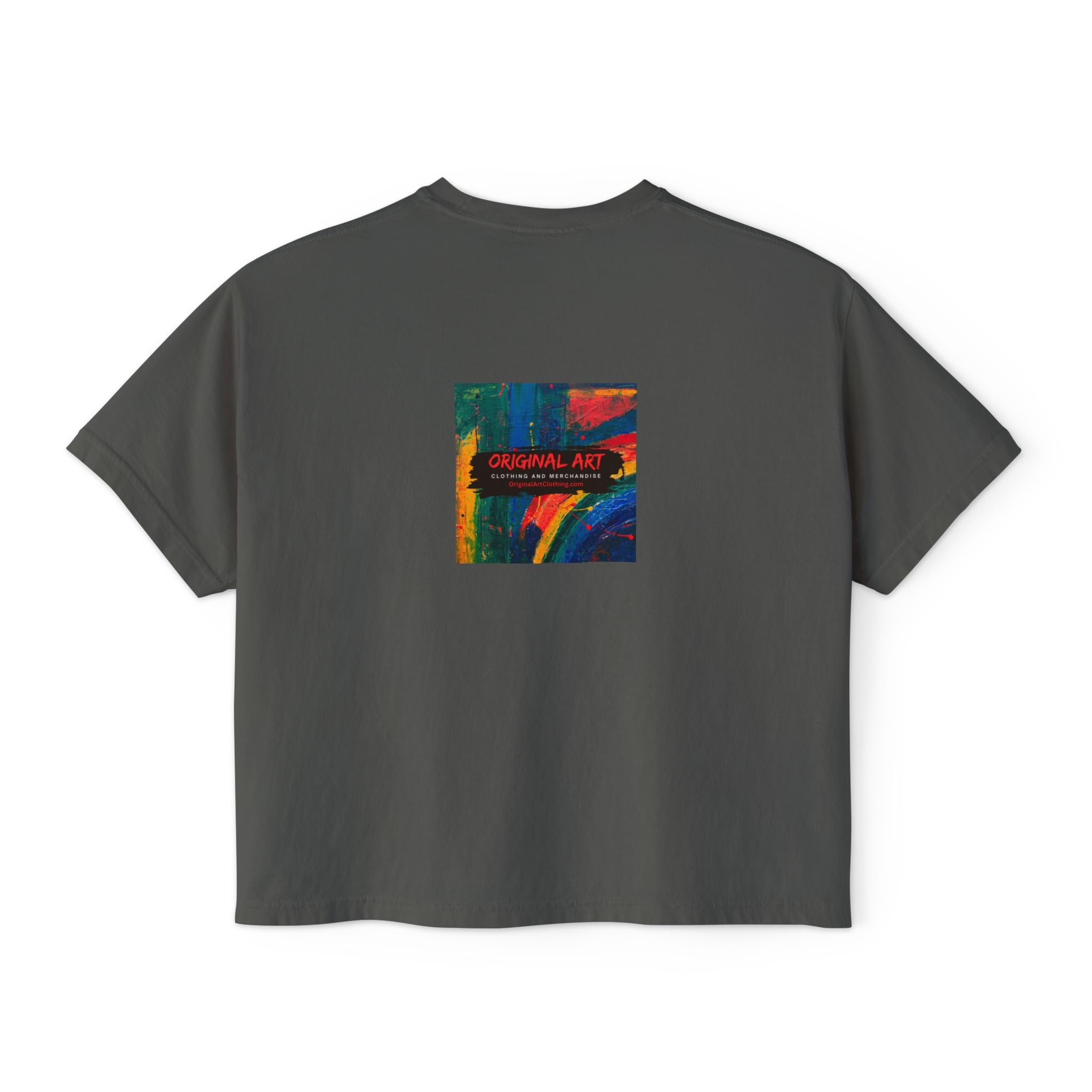 Teacher Boxy Tee — "I teach. It’s a work of heart." Minimal Front Text with Colorful Back Art