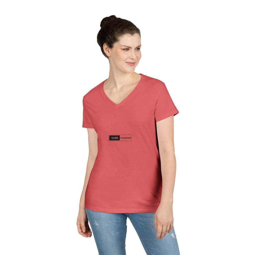 Game Changer Ladies' V-Neck T-Shirt — Minimal Front Logo & Colorful Back Art
