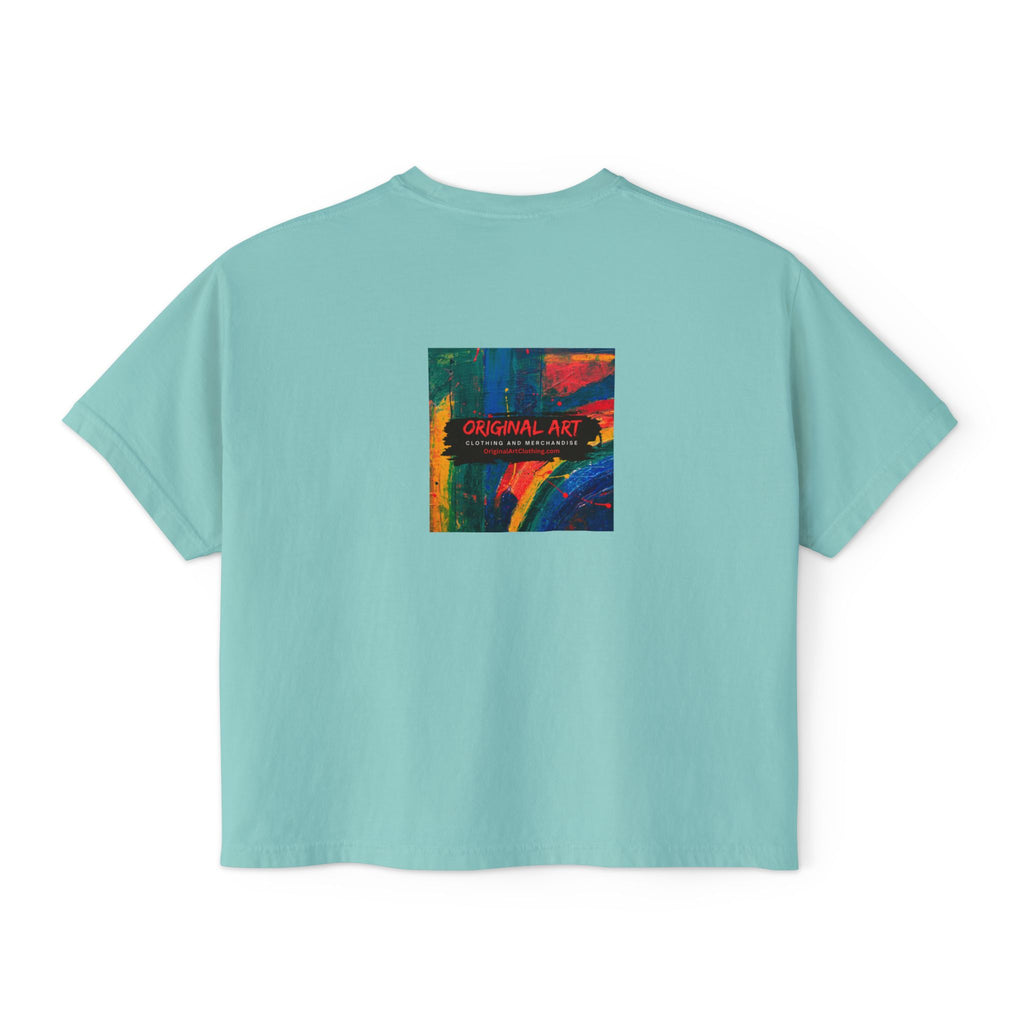 Teacher Tee — “I teach. Kids first. Glitter optional.” Boxy Crop T-Shirt with Colorful Back Art