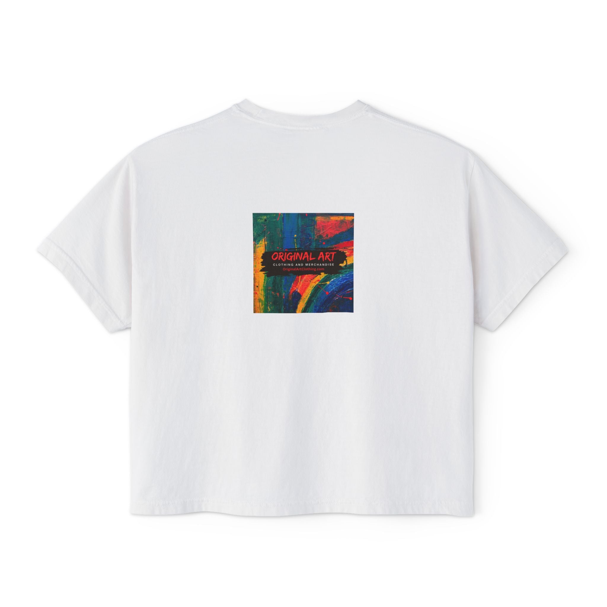 Teacher Boxy Tee — "I teach. It’s a work of heart." Minimal Front Text with Colorful Back Art