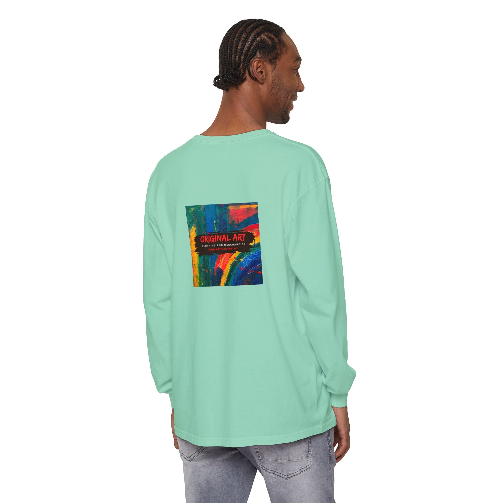 Teacher Long Sleeve T‑Shirt — “I teach. I help small humans become big thinkers.” with Colorful Original Art on Back