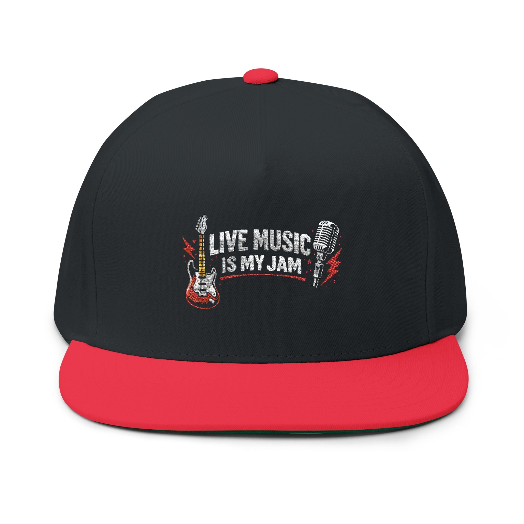 Live Music Is My Jam Embroidered Flat Bill Cap — Guitar & Mic Music Lover Snapback