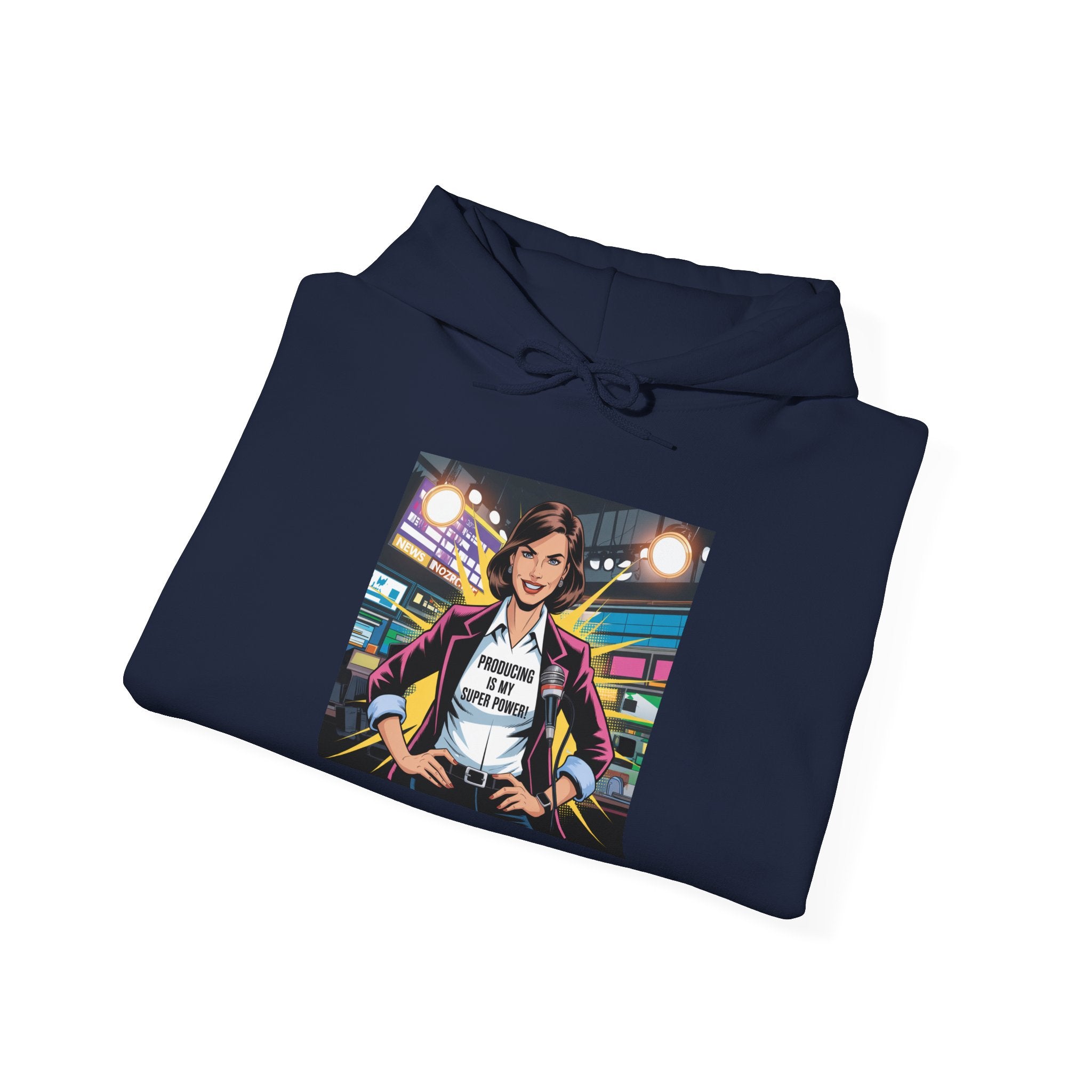 "Producing is My Super Power!" Retro Arcade Girl Graphic Hoodie — "Original Art" Back Print