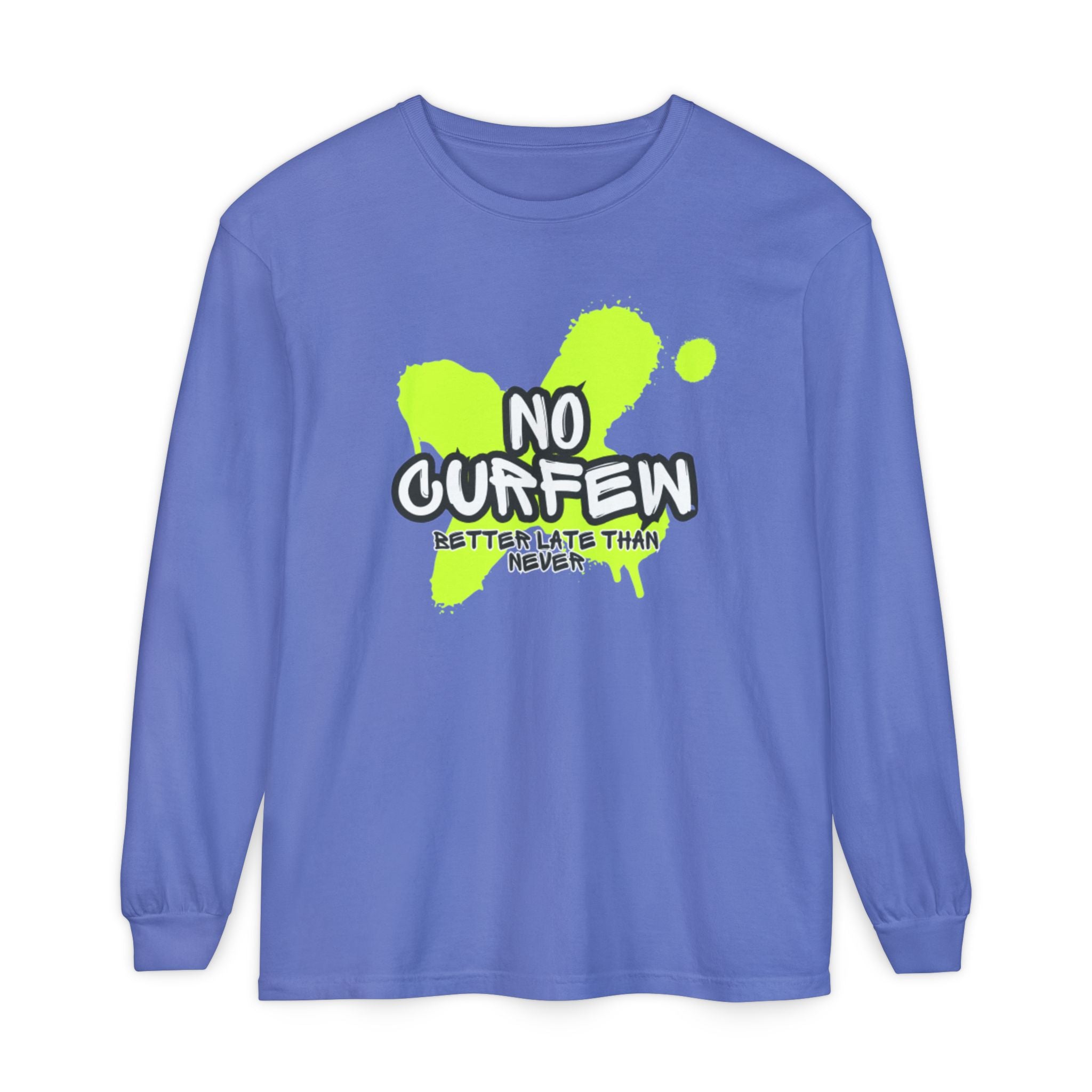 Unisex Long Sleeve Graphic Tee - Fun 'No Curfew' Design for Casual Wear, Gifts, Parties, Festivals, Youth Style