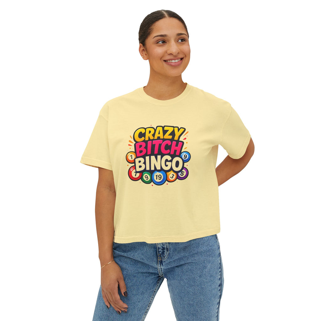 Crazy Bitch Bingo Women's Boxy Tee — Funny Bingo Graphic Crop Shirt