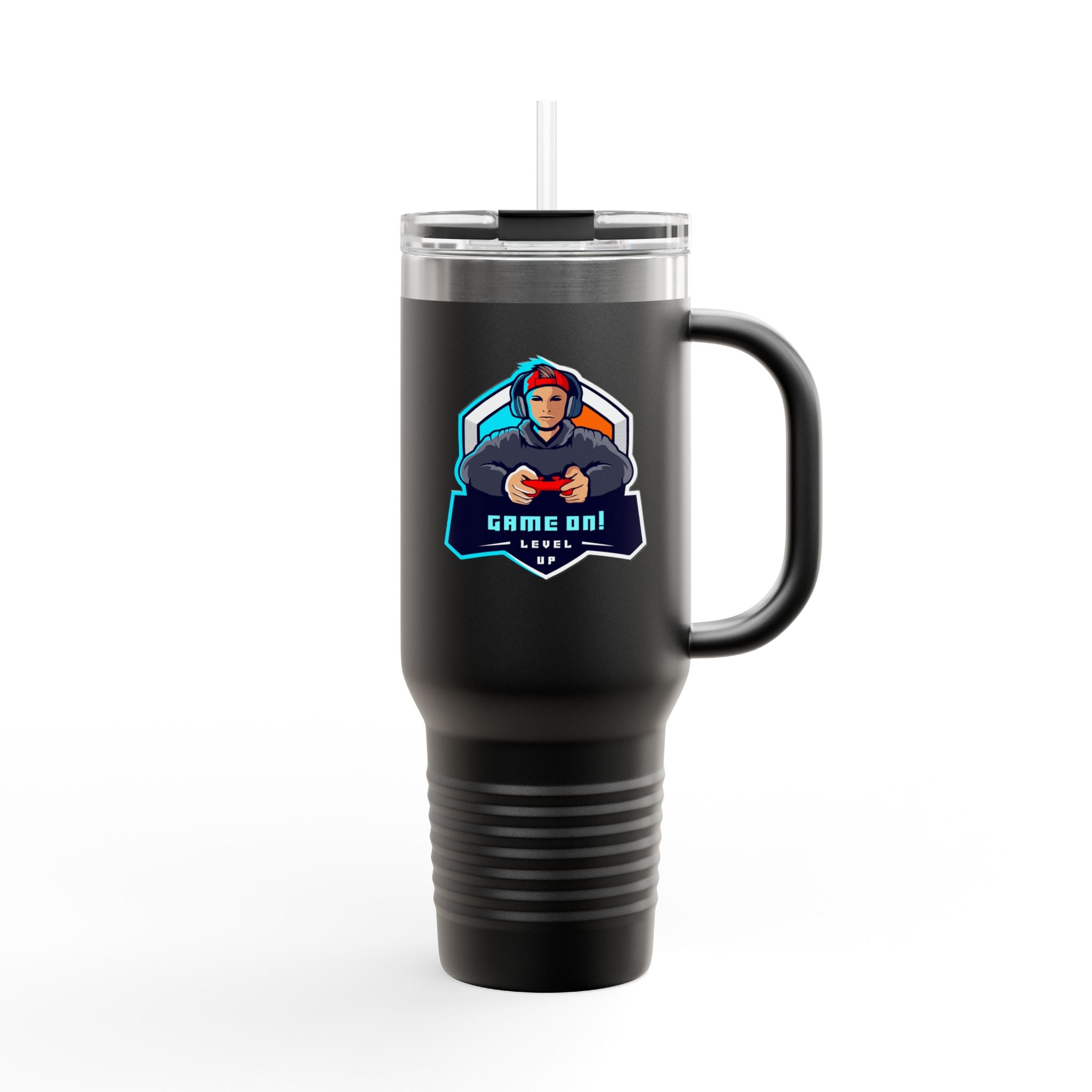 40oz Insulated Travel Mug — Gamer "Game On" Graphic, Thermal Tumbler for Gamers & Streamers