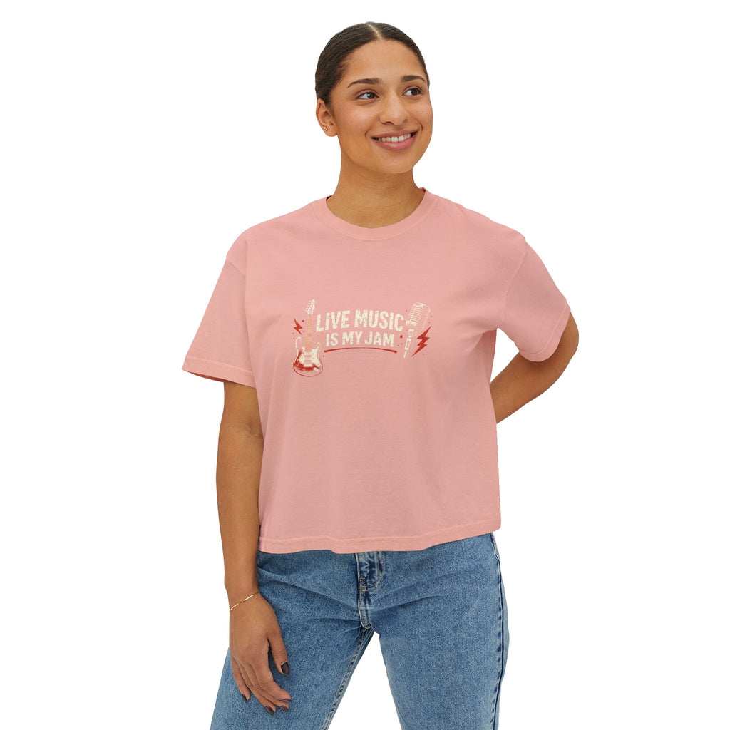 Live Music Is My Jam Boxy Tee — Retro Guitar Graphic Crop Tee
