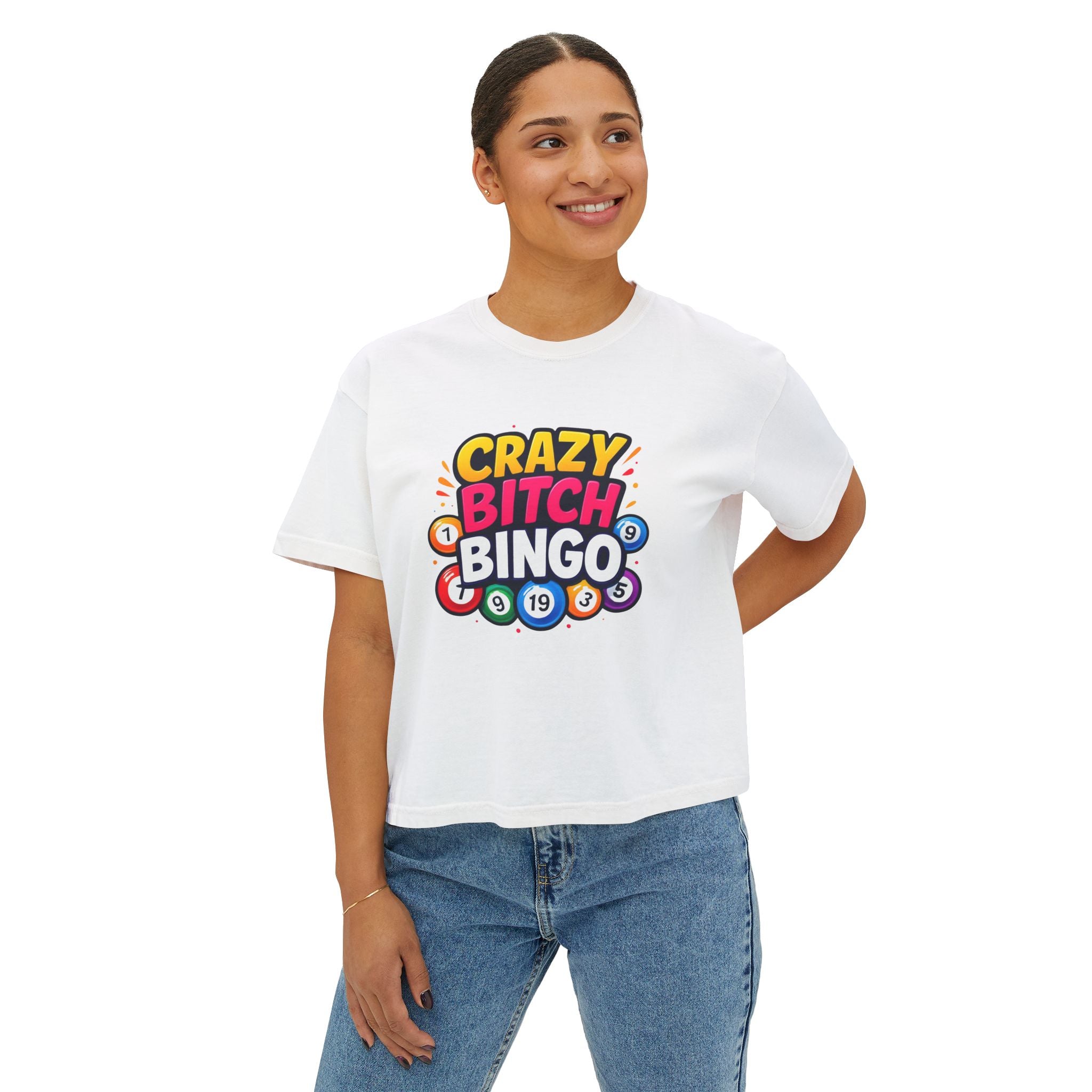 Crazy Bitch Bingo Women's Boxy Tee — Funny Bingo Graphic Crop Shirt