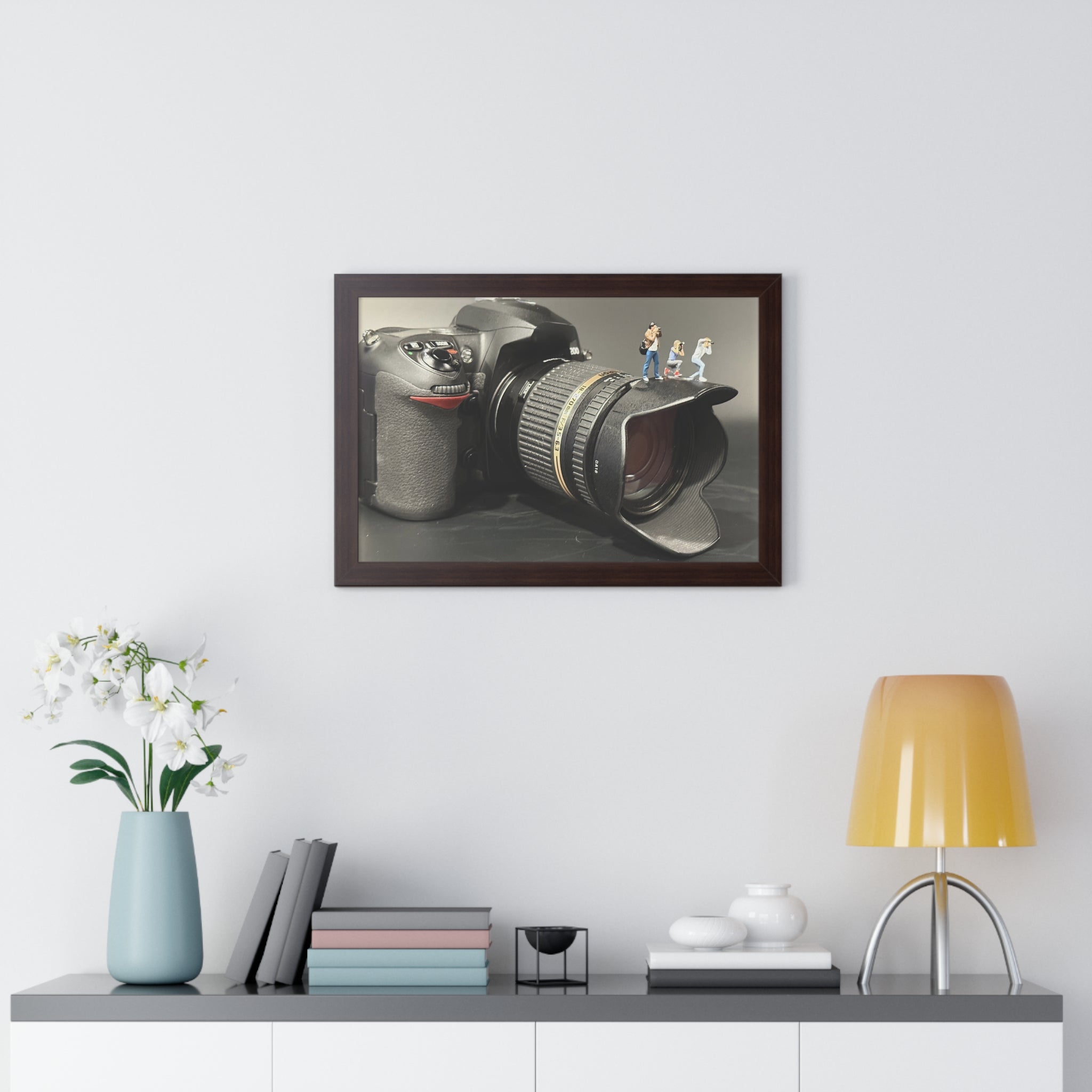 Framed Photo Art — Camera with Miniature Figures (Horizontal Poster)