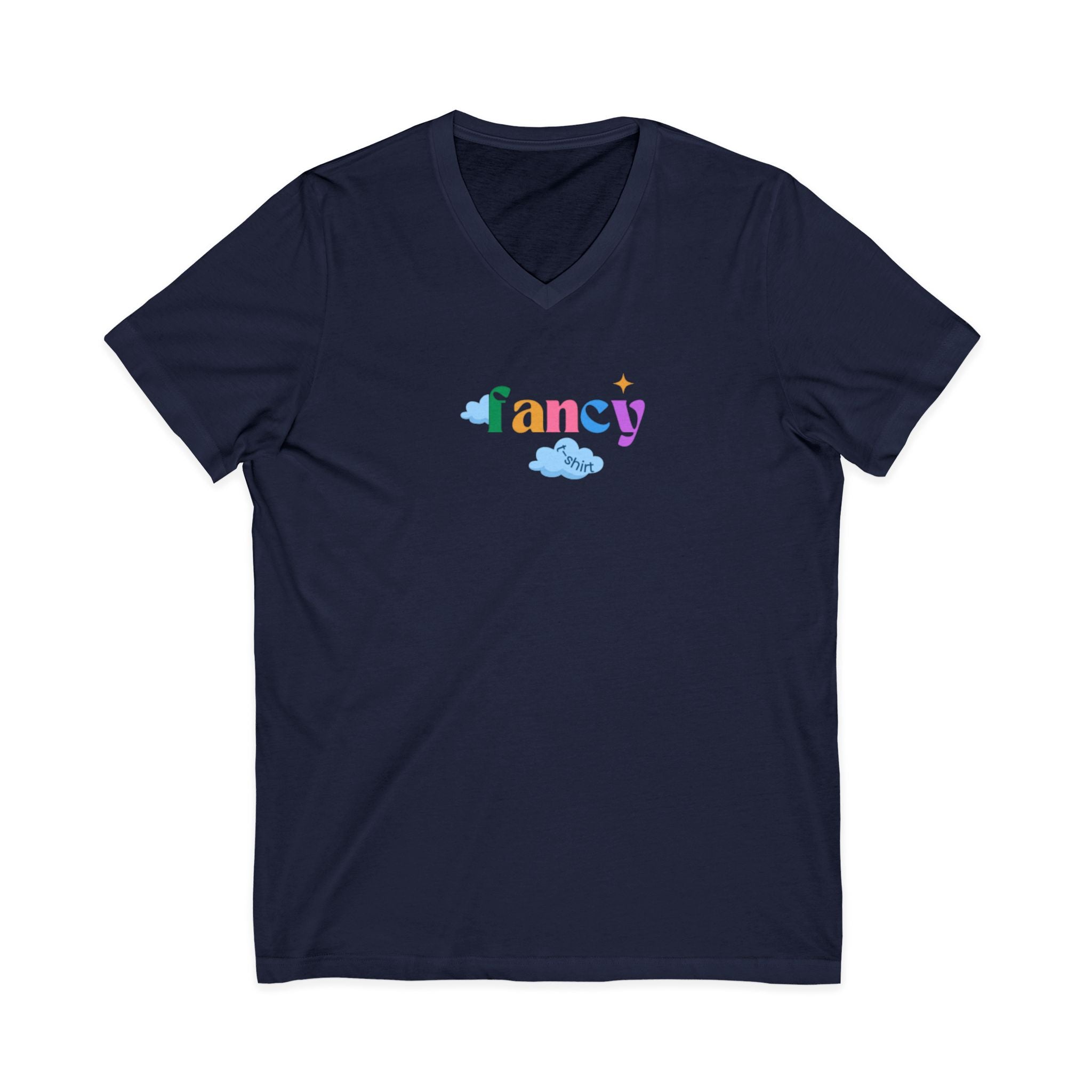 'Fancy" Colorful V-Neck Tee — 'Fancy' Front Script & Original Art Back