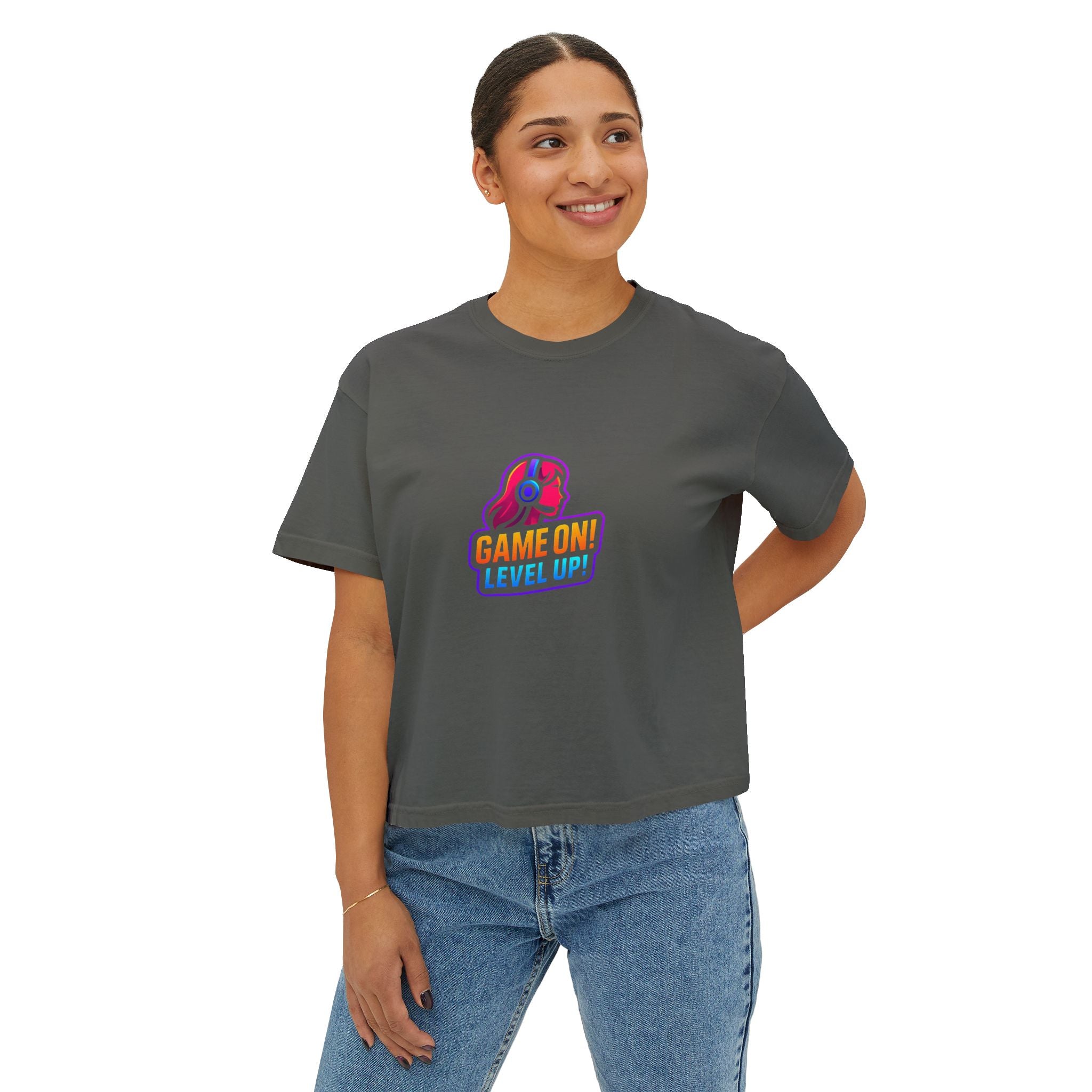 Game On! Level Up Women's Boxy Gaming Graphic Shirt