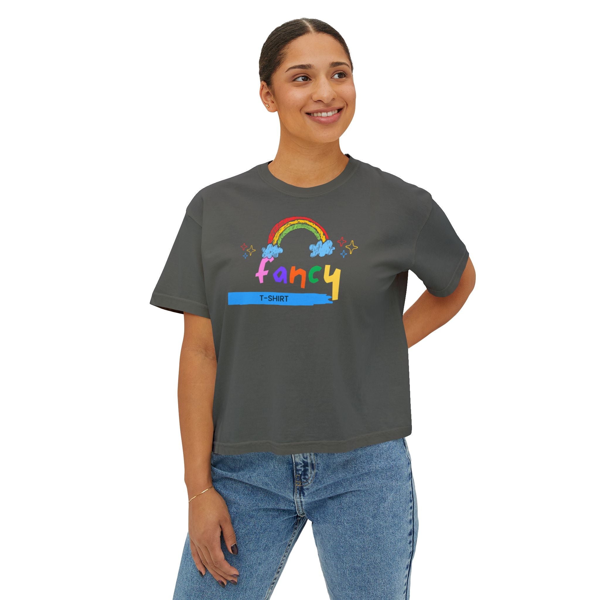 Fancy Rainbow Boxy Tee — Colorful 'Fancy' Graphic Women's Shirt