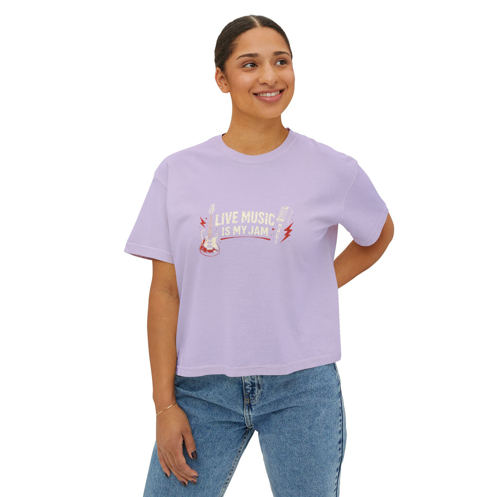 Live Music Is My Jam Boxy Tee — Retro Guitar Graphic Crop Tee