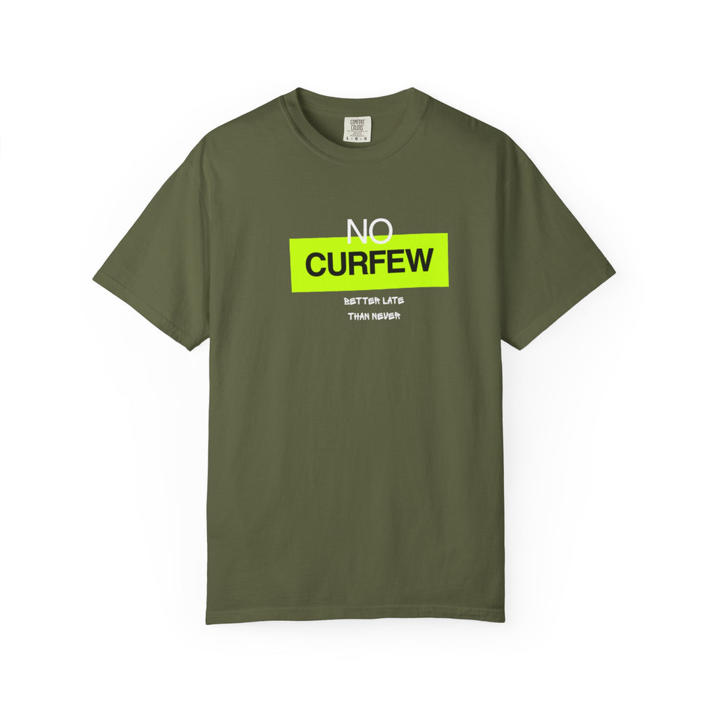 No Curfew Unisex Garment-Dyed T-Shirt | Casual Statement Tee | Gift for Night Owls, Festival Wear, Summer Essential