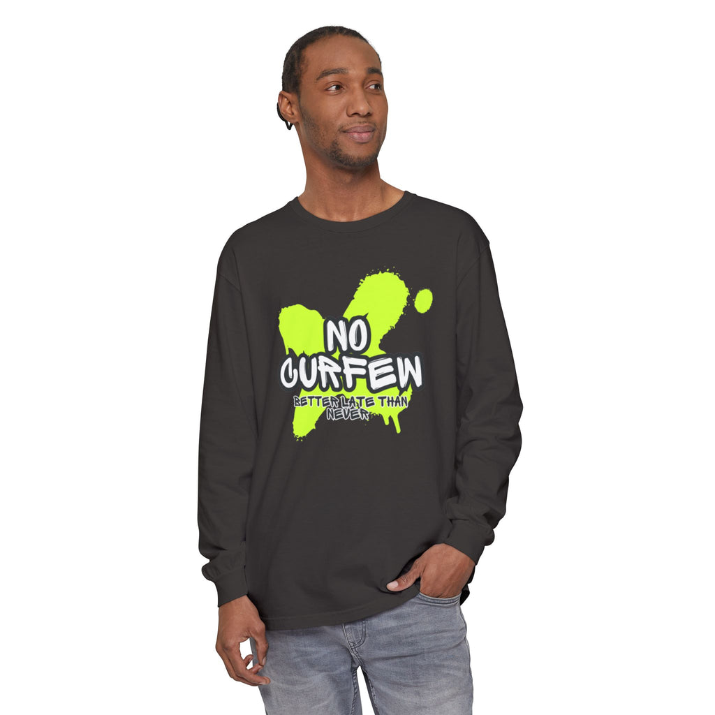 Unisex Long Sleeve Graphic Tee - Fun 'No Curfew' Design for Casual Wear, Gifts, Parties, Festivals, Youth Style