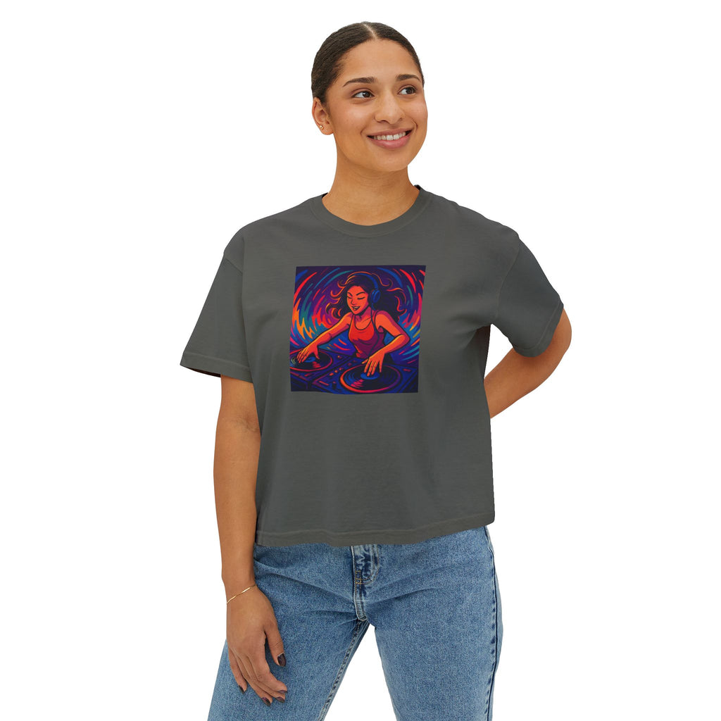 Vibrant Female DJ Painting Graphic Tee | Original Art Back Print