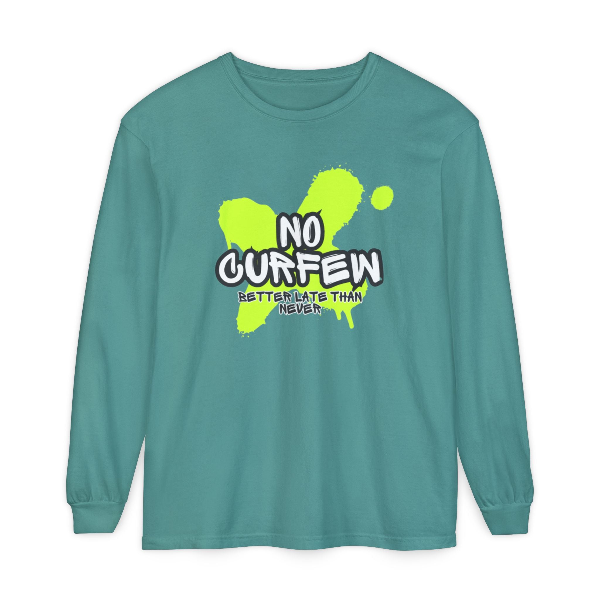 Unisex Long Sleeve Graphic Tee - Fun 'No Curfew' Design for Casual Wear, Gifts, Parties, Festivals, Youth Style