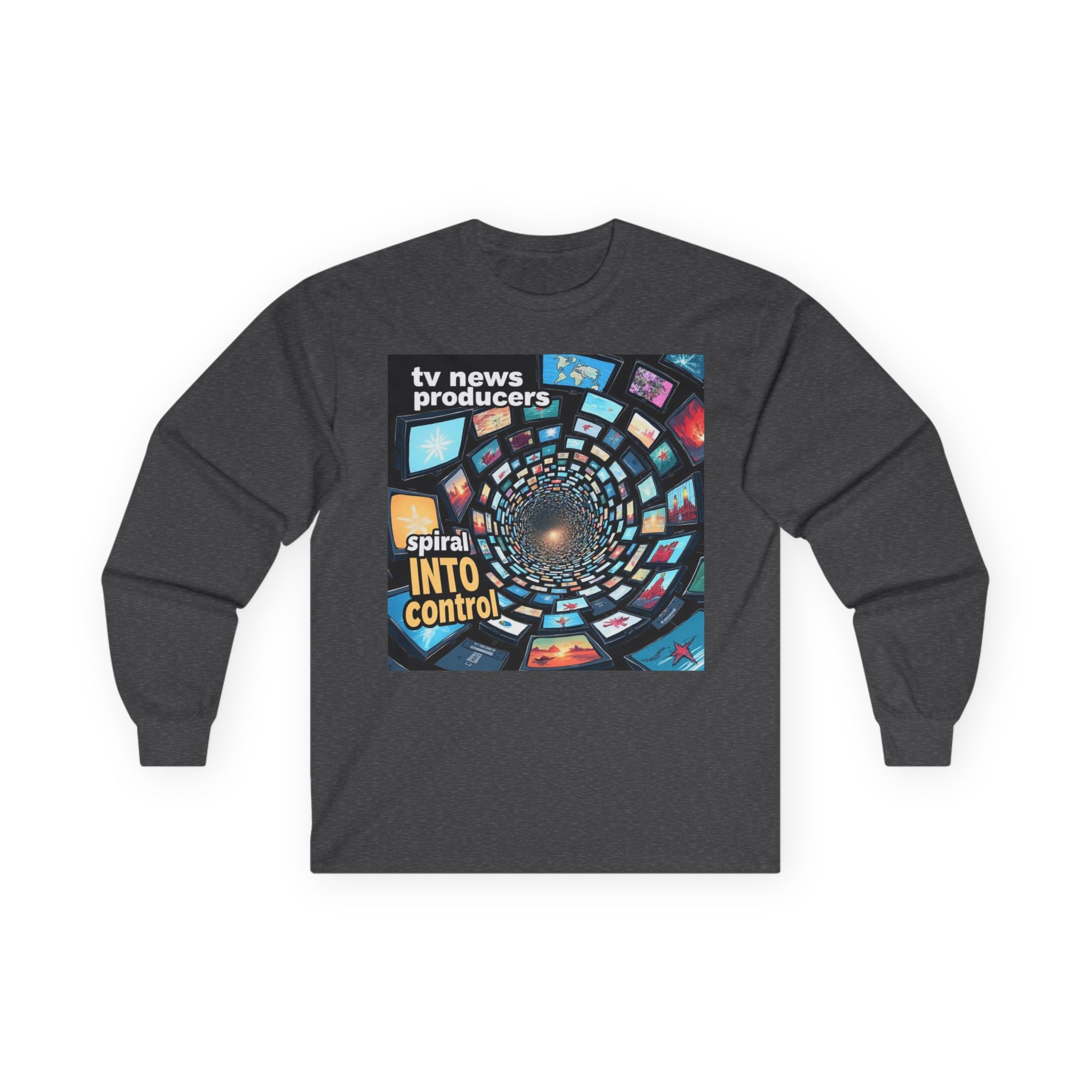 TV News Producers Spiral Into Control! Long Sleeve Tee, Unisex Graphic Tee, Gift for TV Lovers, Unique Media Shirt, Trendy Streetwear, Casual Everyday Wear