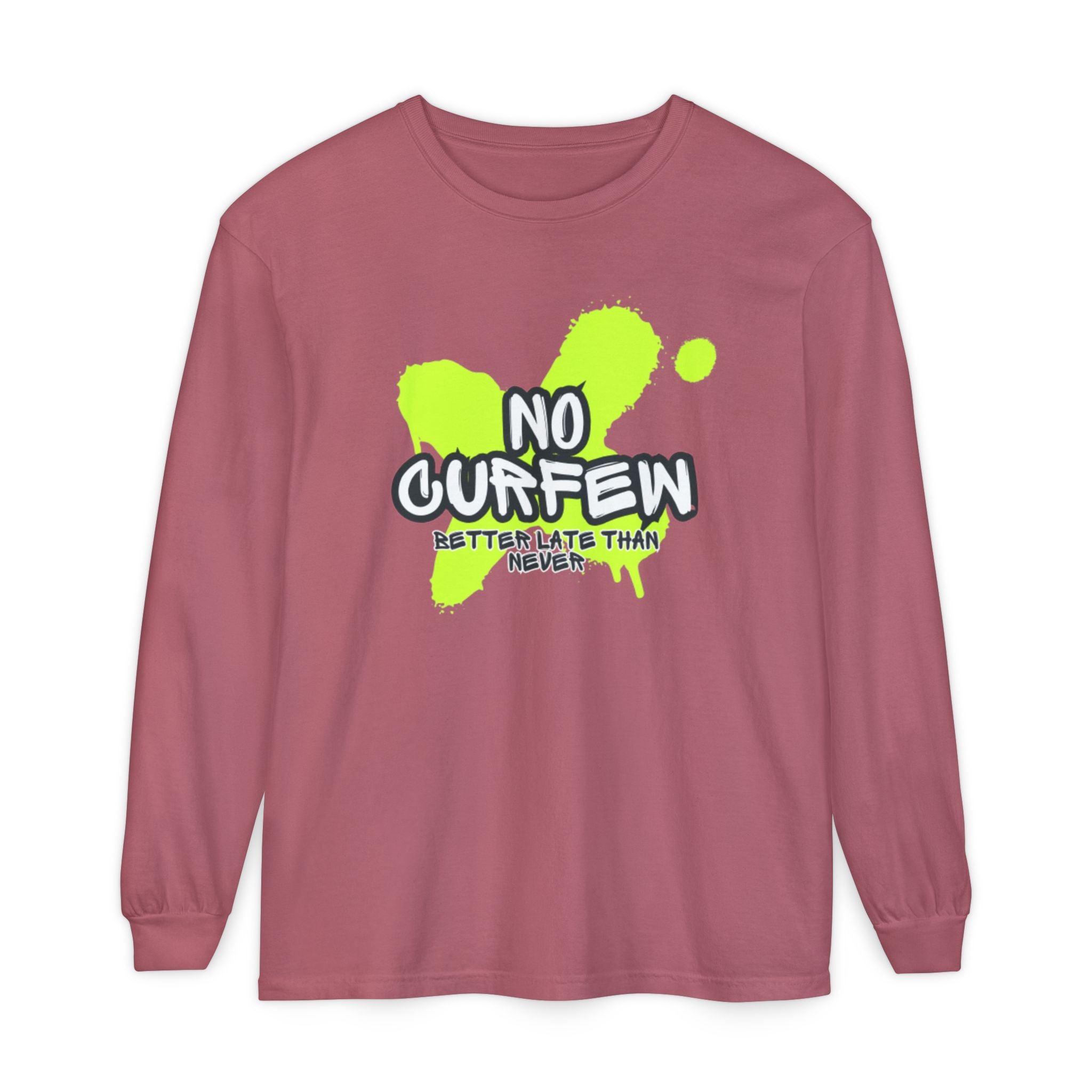 Unisex Long Sleeve Graphic Tee - Fun 'No Curfew' Design for Casual Wear, Gifts, Parties, Festivals, Youth Style