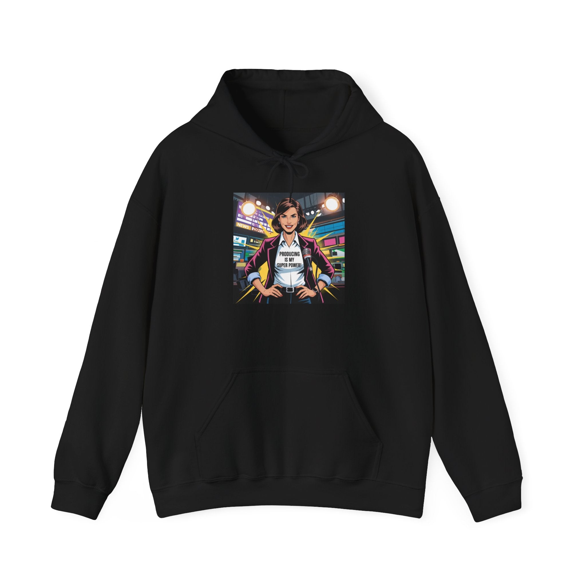 "Producing is My Super Power!" Retro Arcade Girl Graphic Hoodie — "Original Art" Back Print