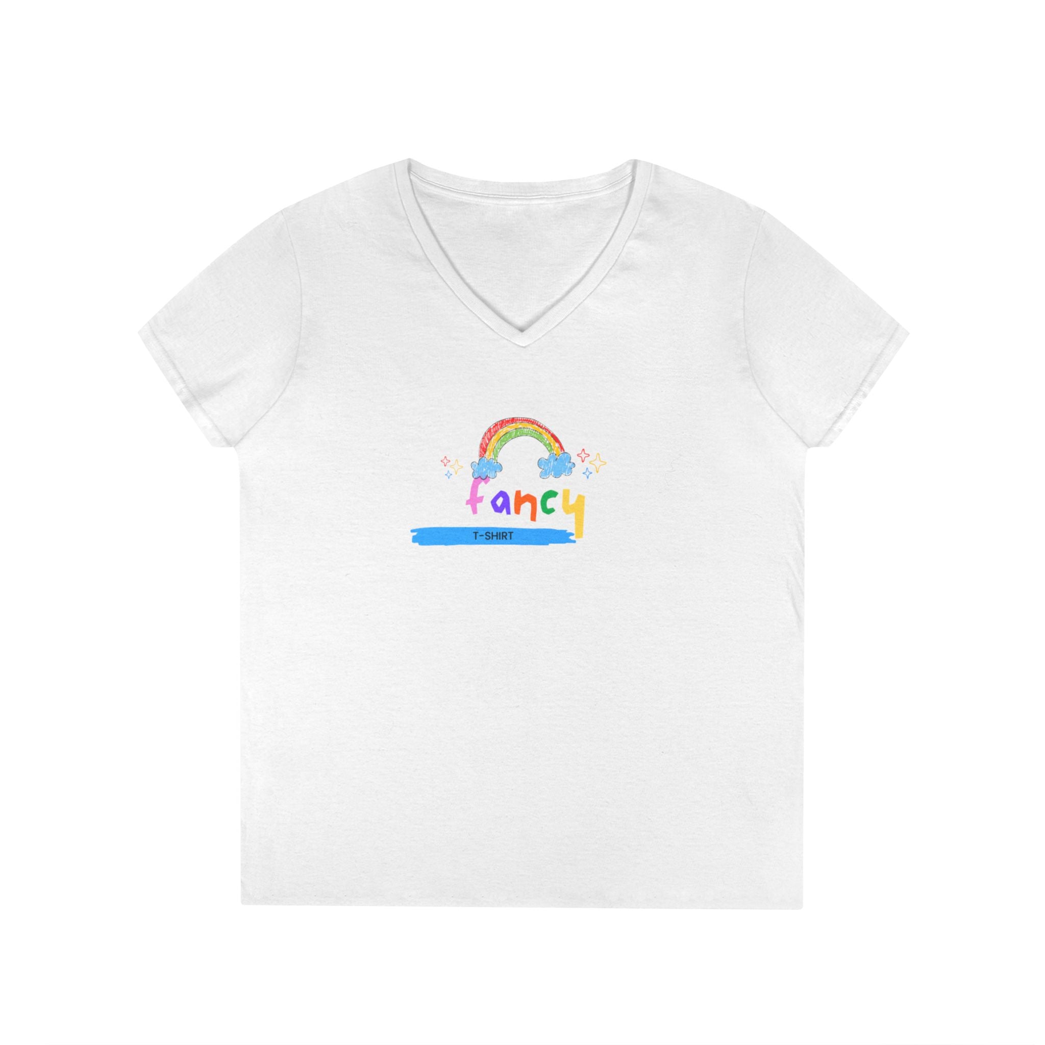 "Fancy" V-Neck Tee — 'Fancy' Cute Rainbow Graphic