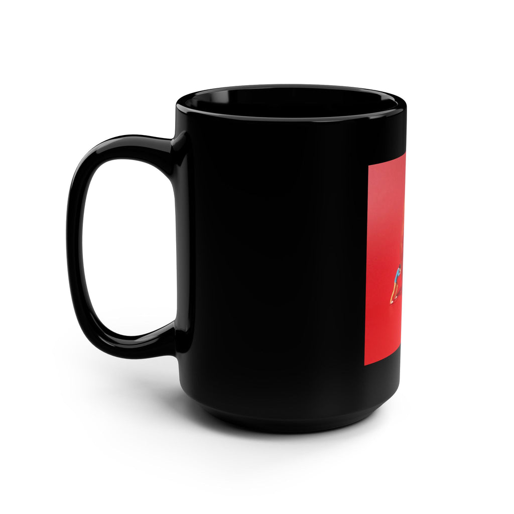 Black Ceramic Mug — Miniature Figure Pushing Giant Apple Art 15oz
