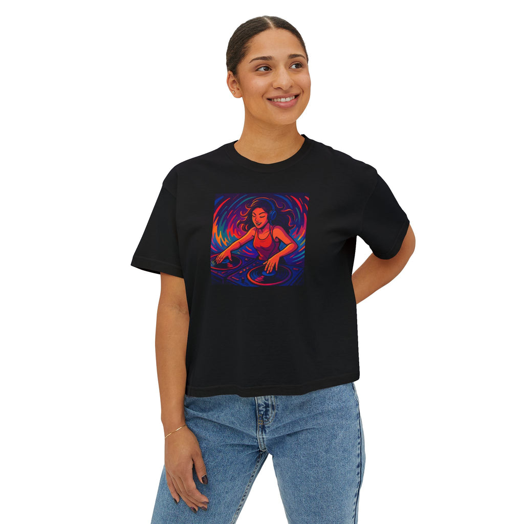 Vibrant Female DJ Painting Graphic Tee | Original Art Back Print