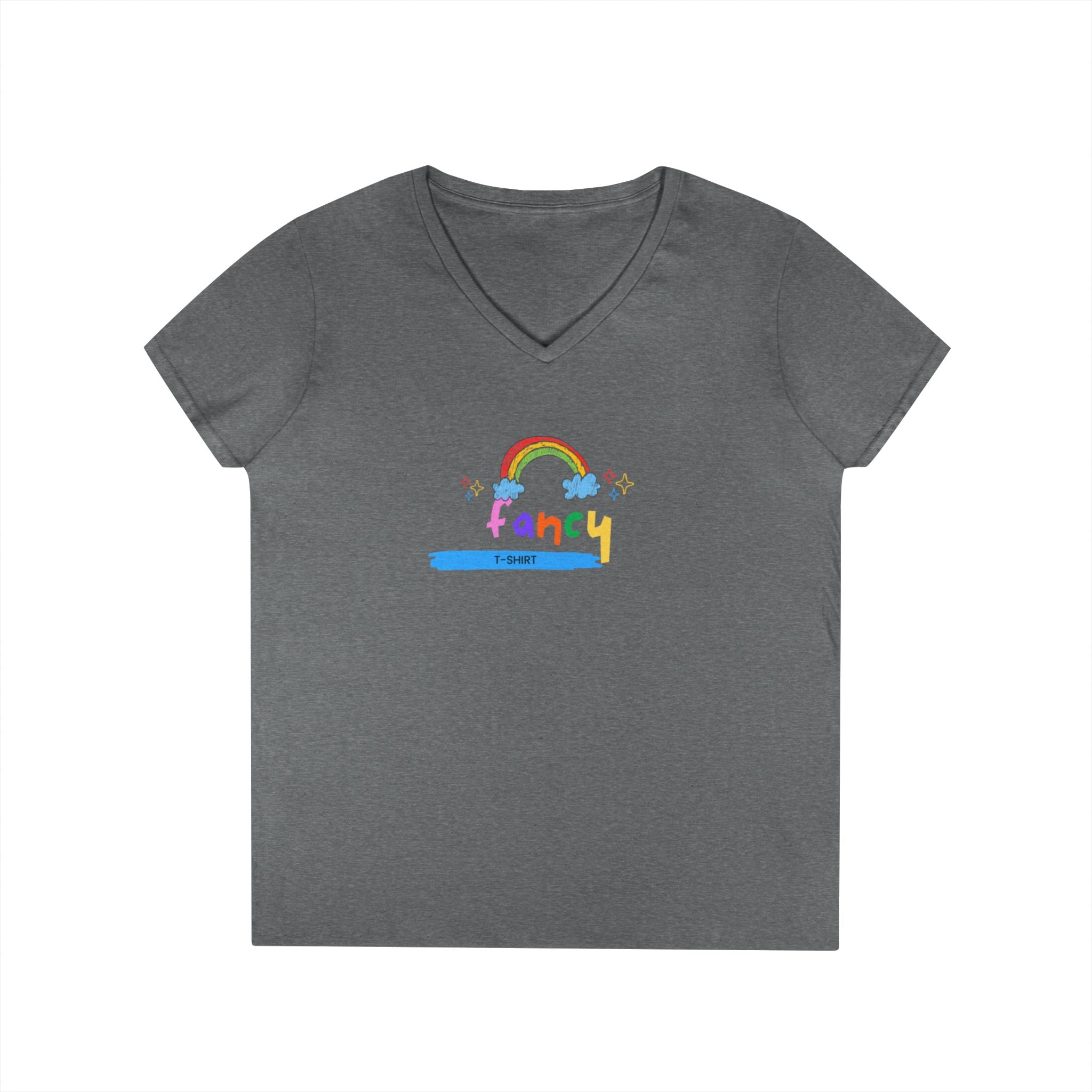 "Fancy" V-Neck Tee — 'Fancy' Cute Rainbow Graphic