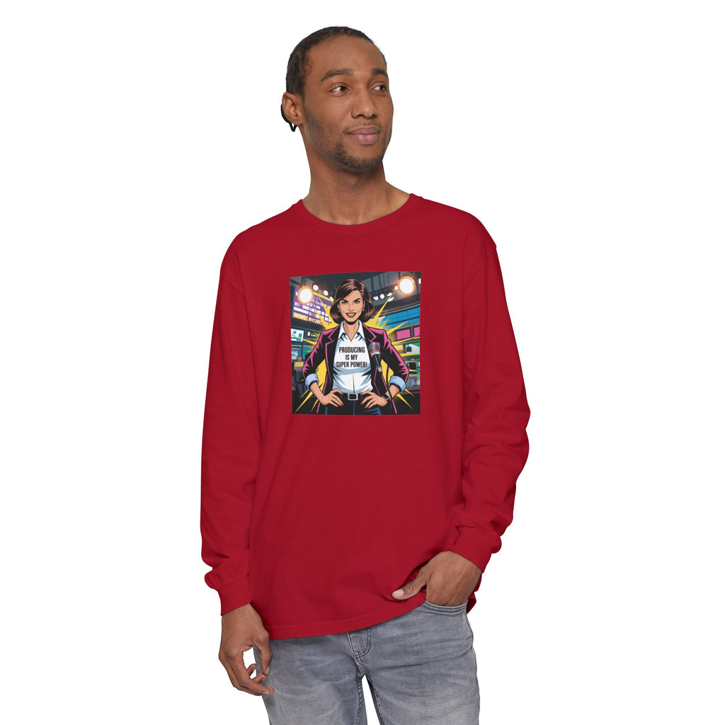 Producing is my super power! Long Sleeve T‑Shirt — Retro Comic Book Girl Graphic (Original Art)