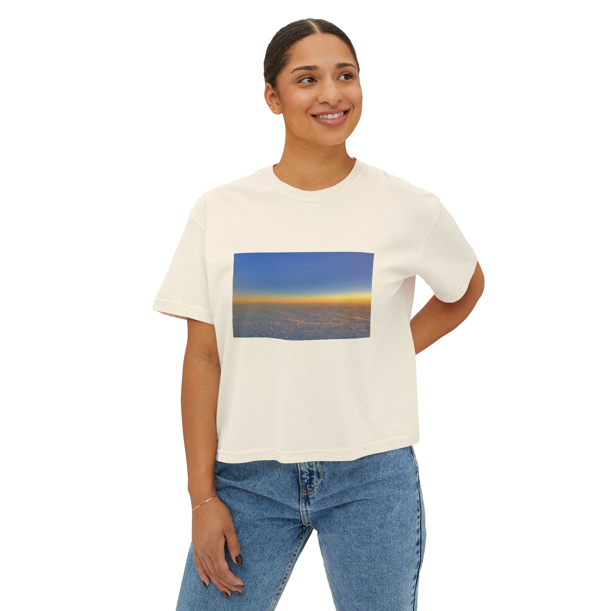Sunset Horizon Boxy Tee — Women's Crop Graphic Tee